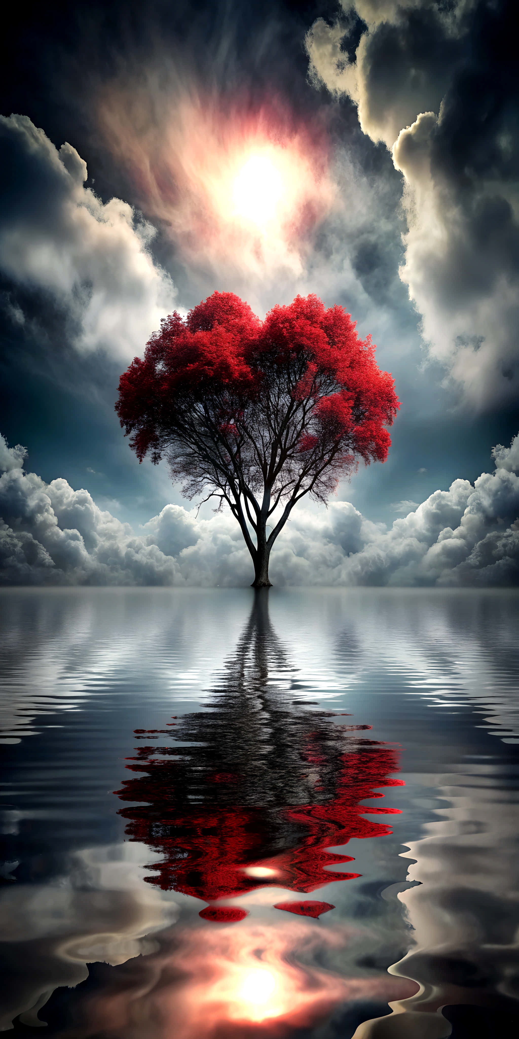 heart shaped tree, soft red glowing branches, black cloud, 4K Phone Wallpaper