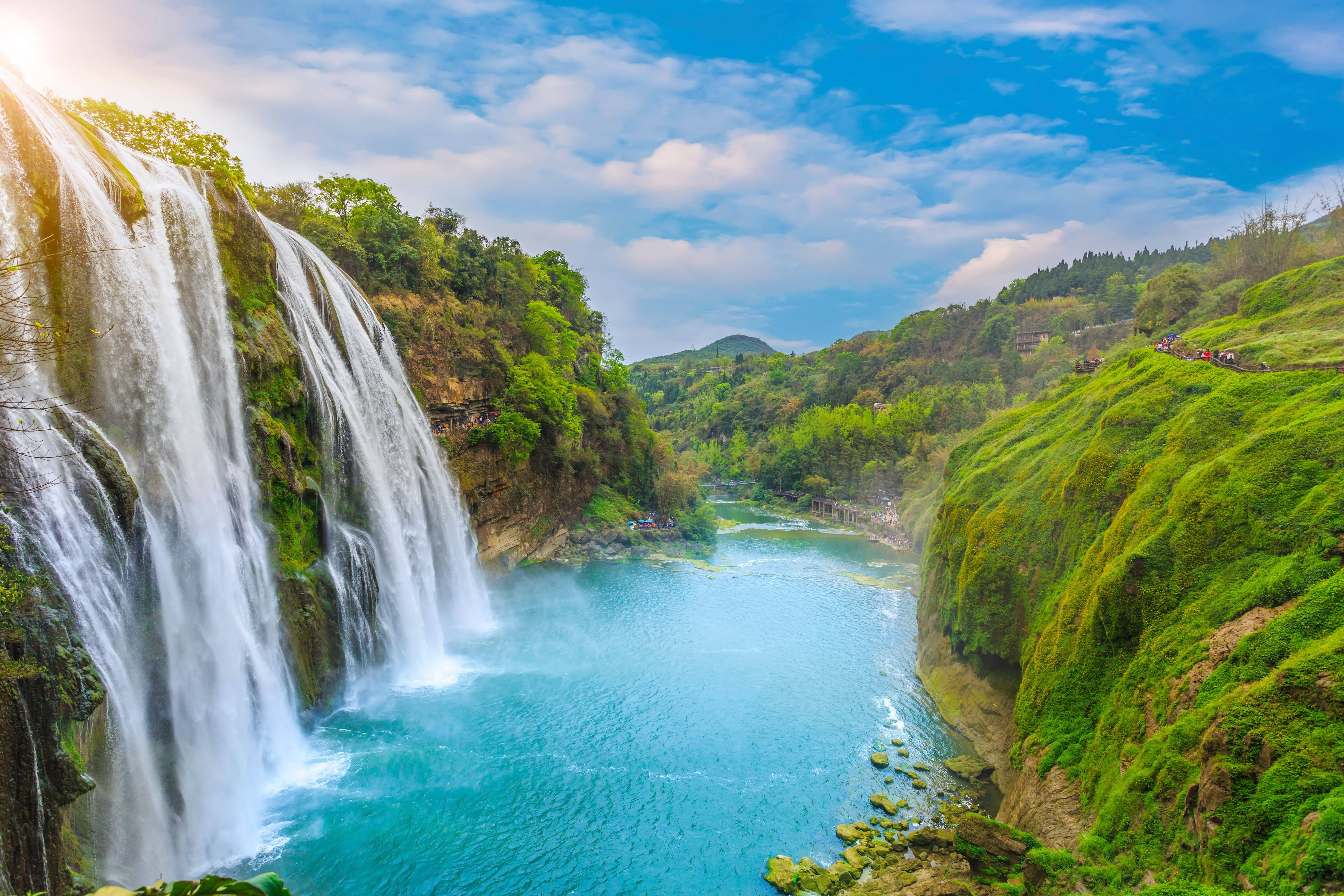 waterfall, turquoise pool, lush green cliffs, 5K Desktop Wallpaper