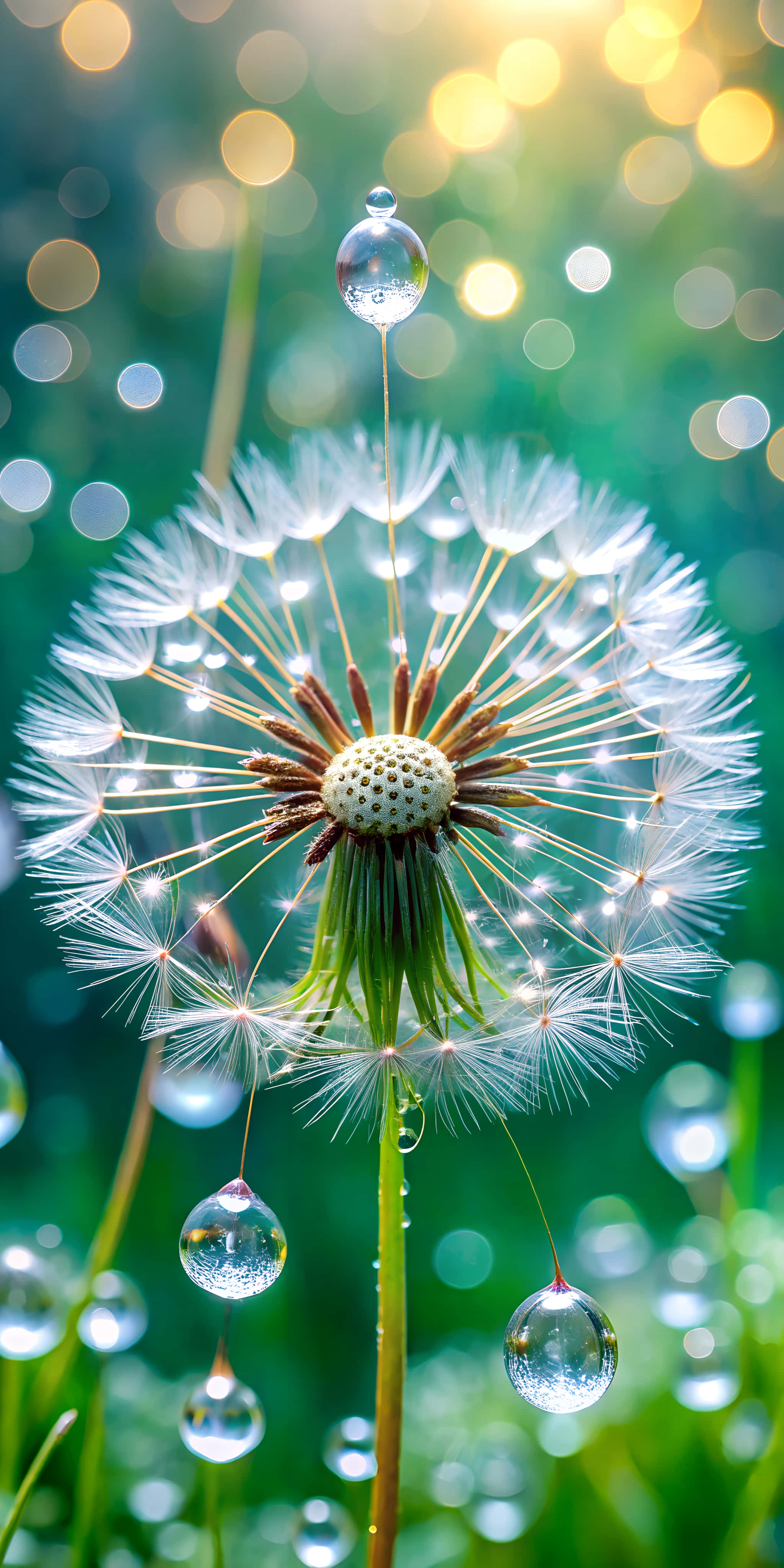 dandelion seed head, feathery parachutes, golden sunlight, 4K Phone Wallpaper