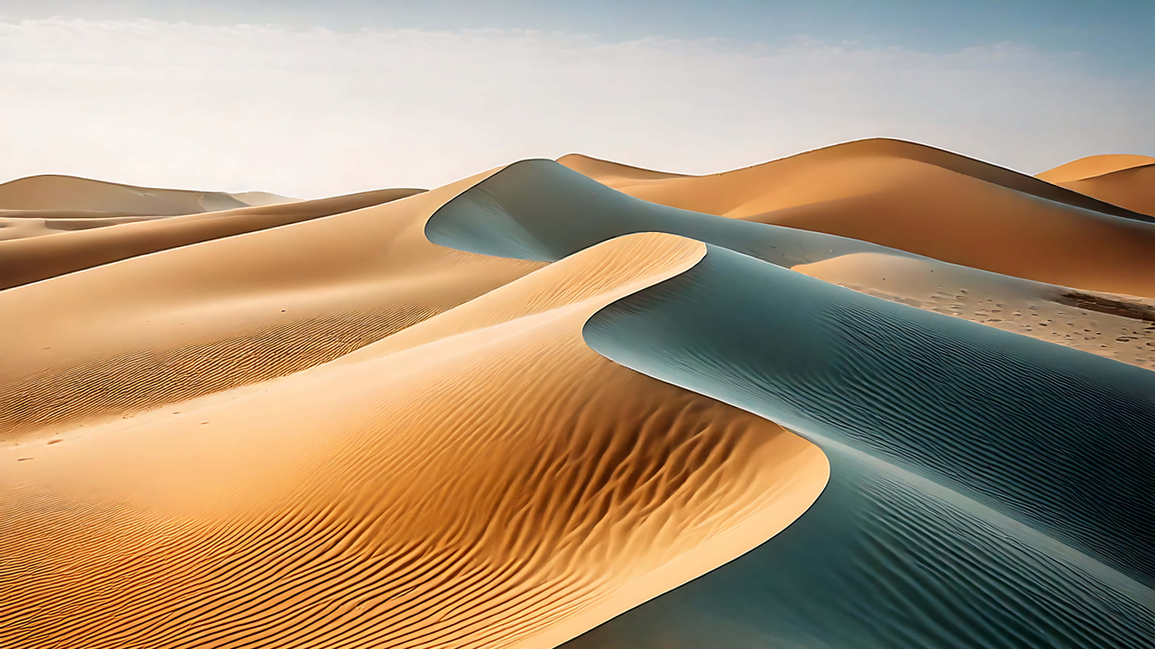 desert scenery, golden sand dunes, soft sunlight, 4K Desktop Wallpaper