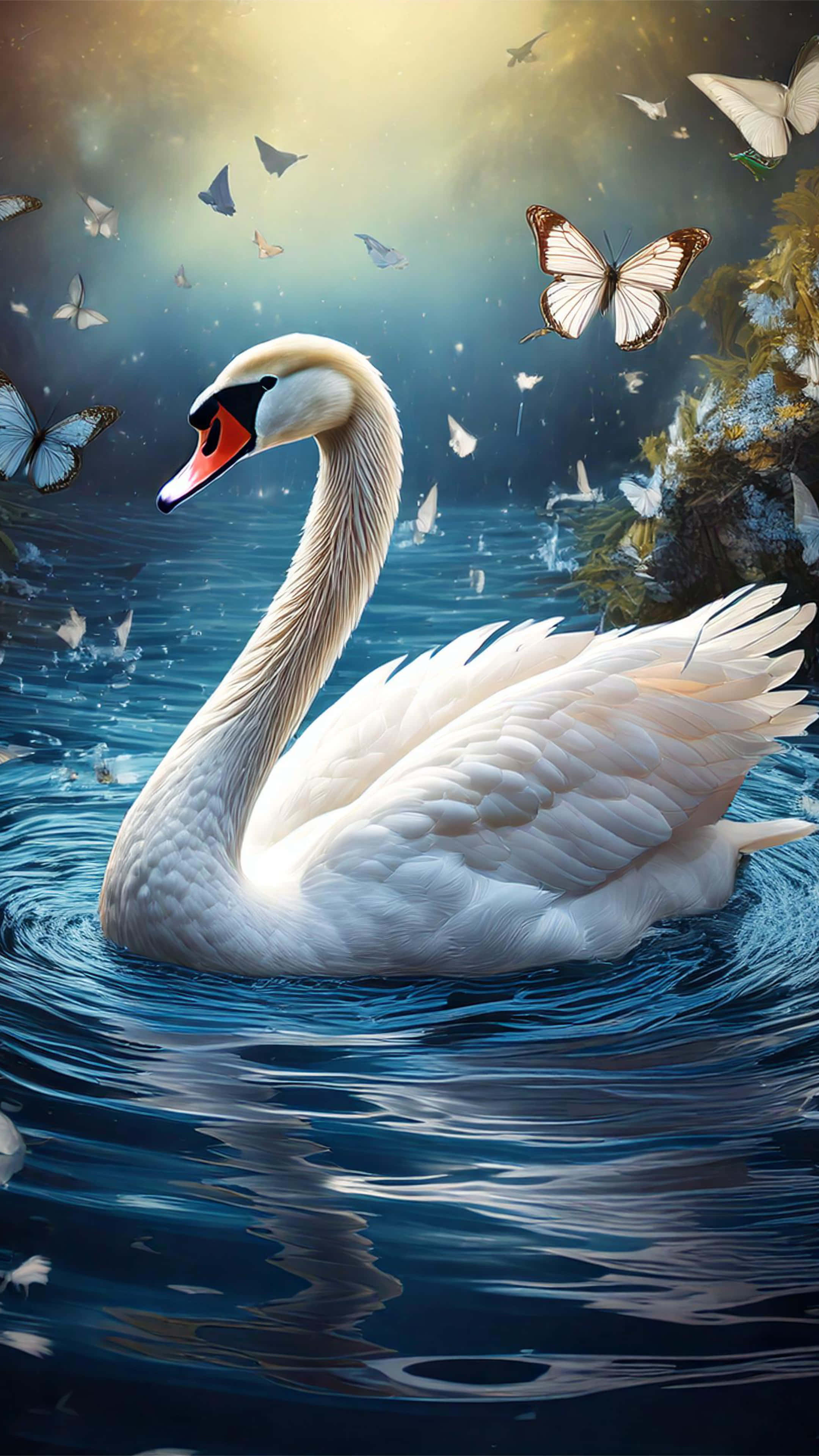 swan, white swan, deep blue water, 4K Phone Wallpaper