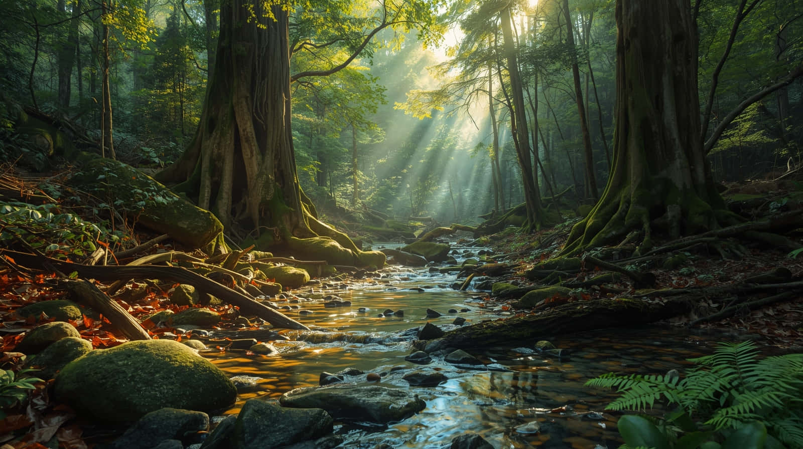 enchanted mossy forest, golden sunlight, clear stream, HD Desktop Wallpaper