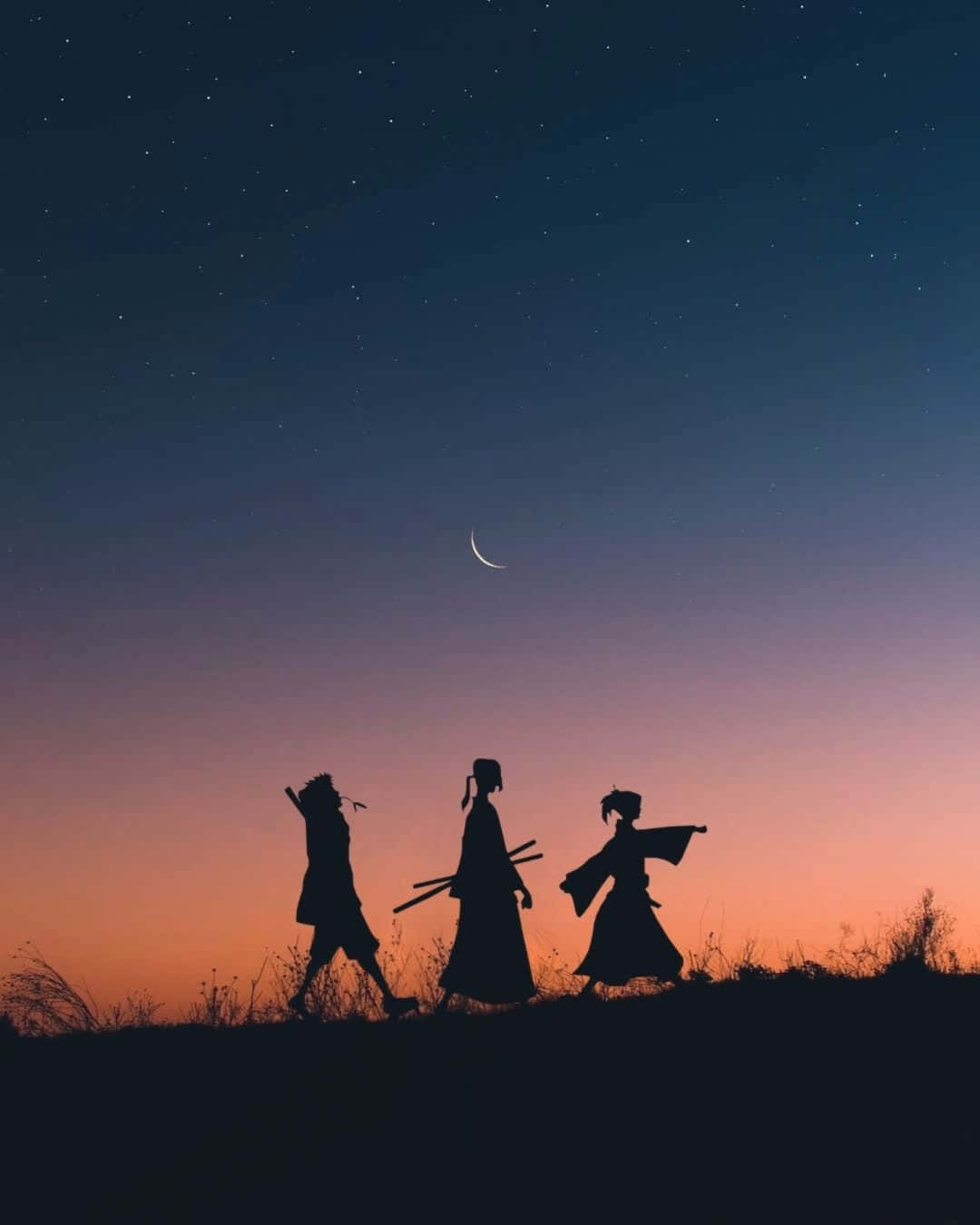 samurai silhouettes, grassy hill, twilight sky, HD Phone Wallpaper