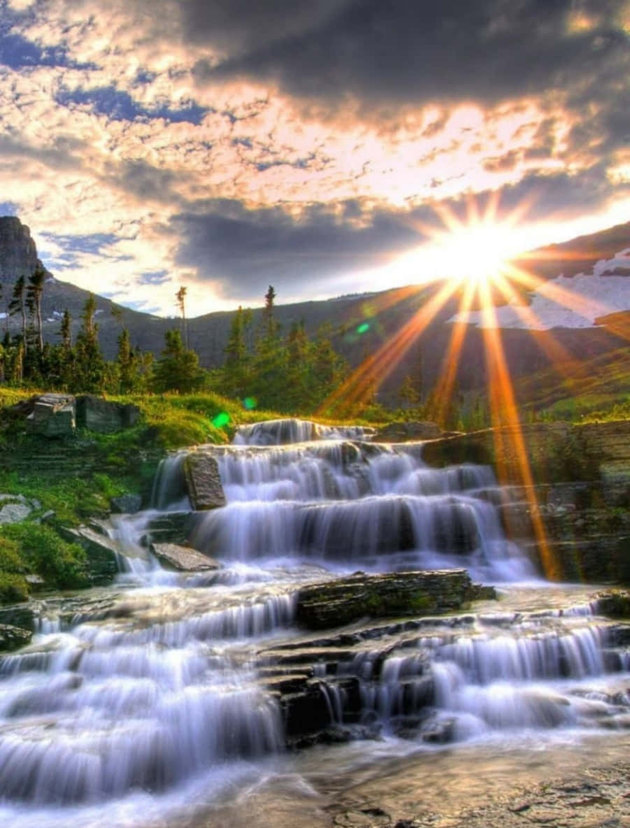 Android Nature, Sunburst, mountain waterfall, SD Phone Wallpaper