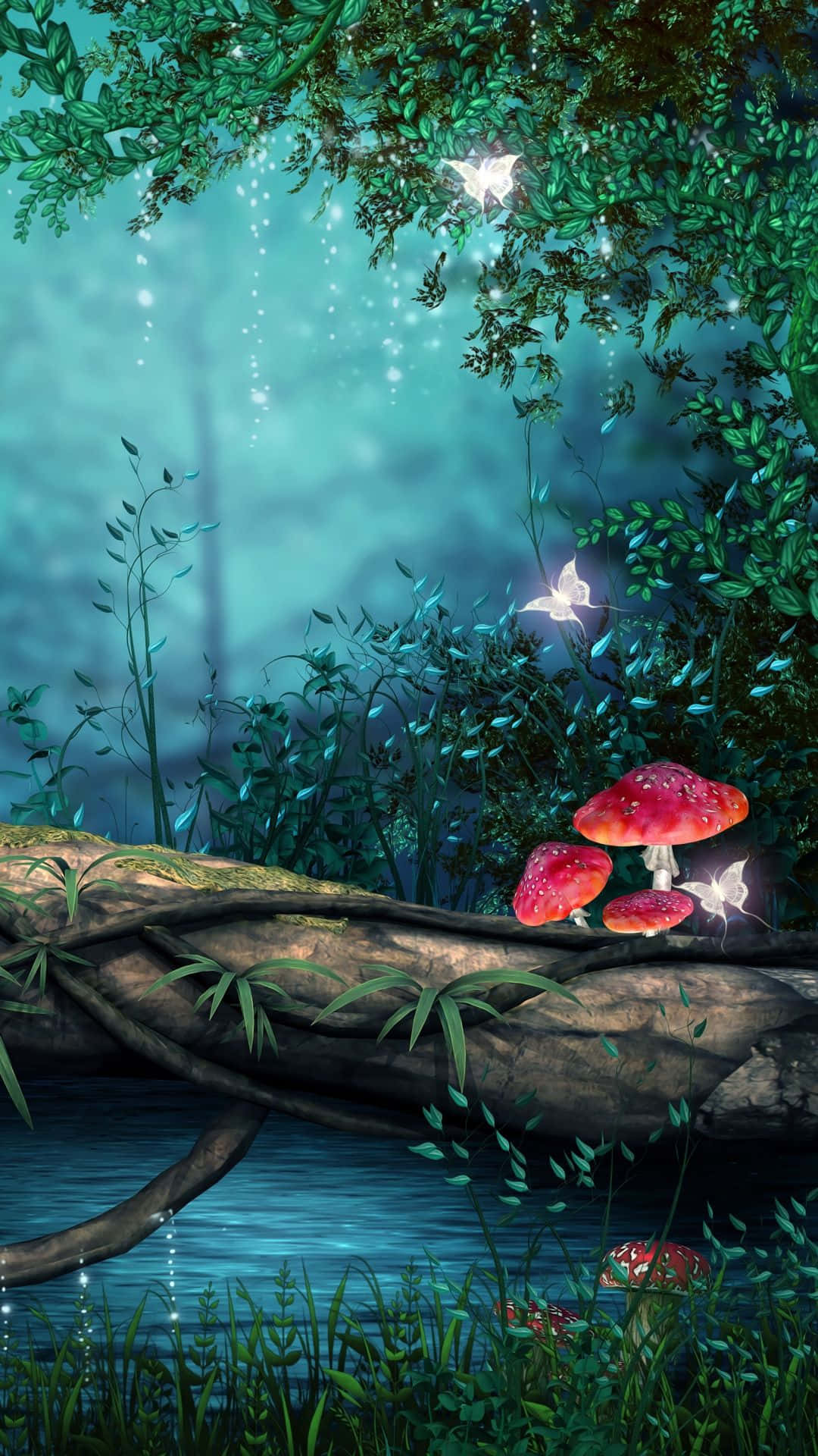 Glowing red mushrooms, Luminous butterflies, Mossy log, Full HD Phone Wallpaper