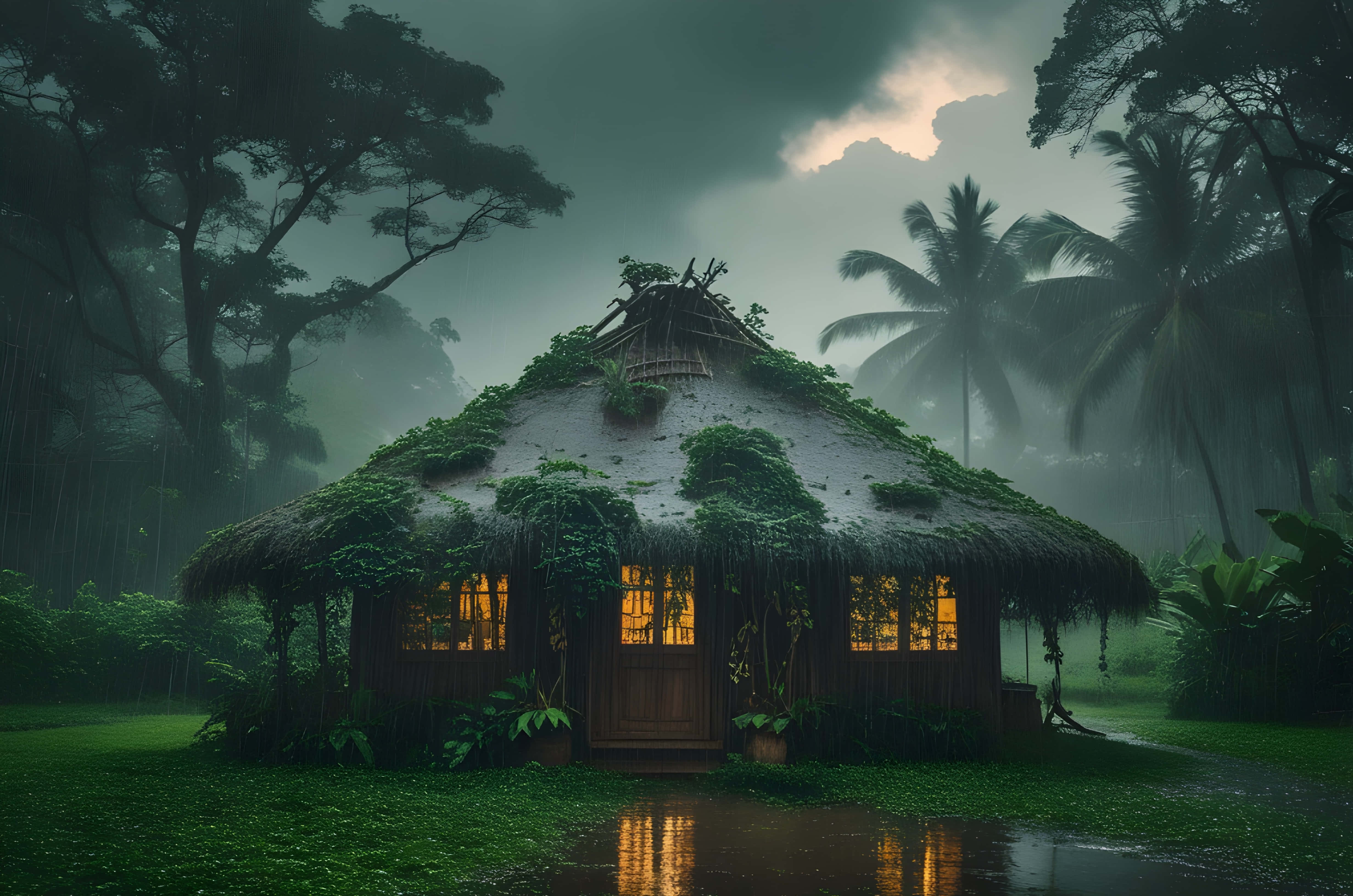 mossy thatched hut, glowing windows, misty rainforest, 4K Desktop Wallpaper