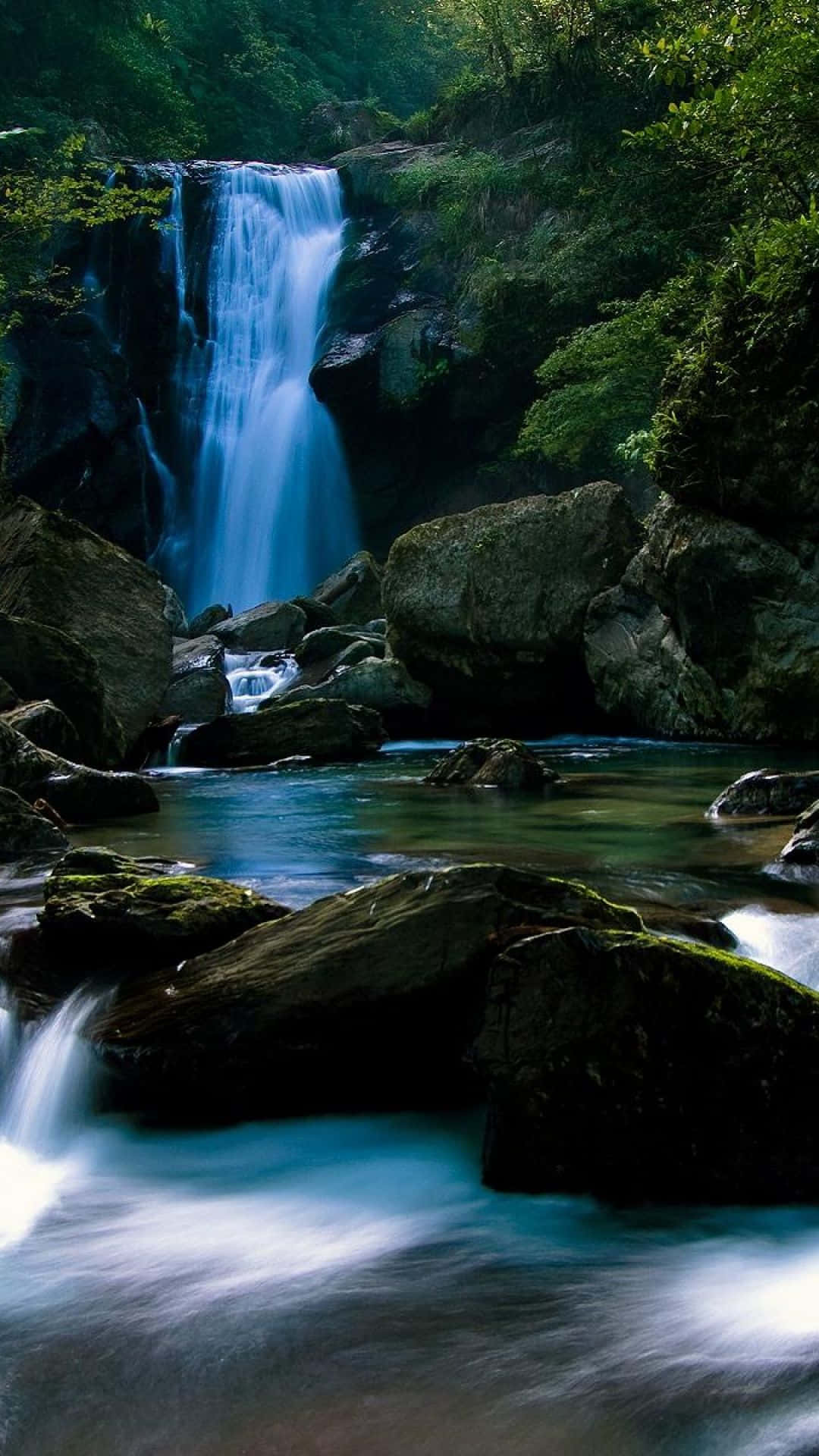 Android, waterfall, mossy rocks, Full HD Phone Wallpaper