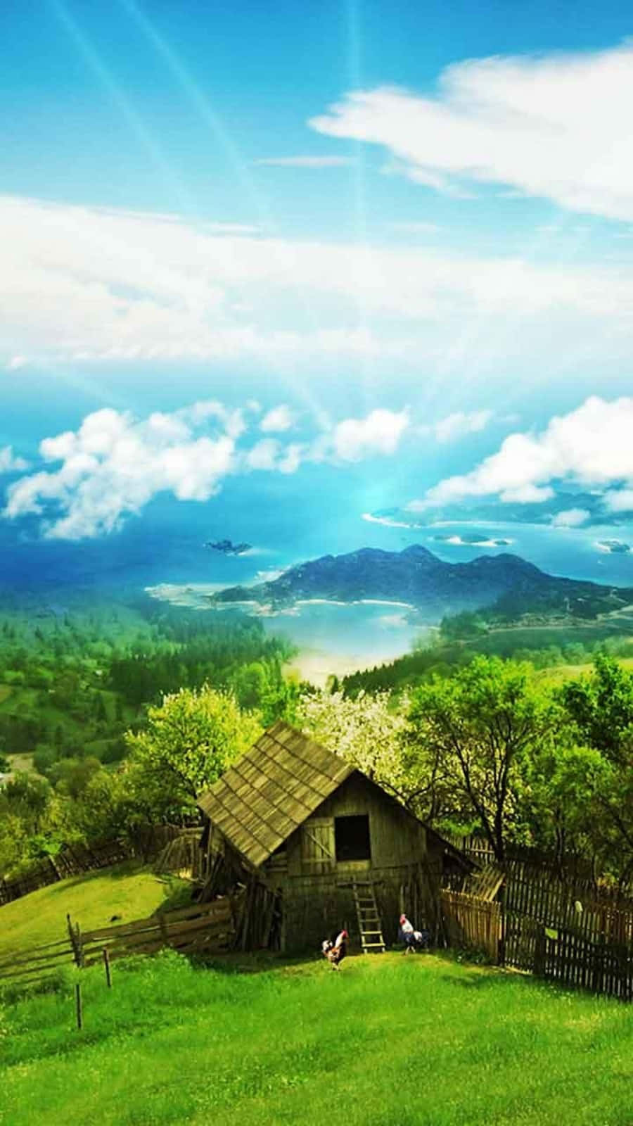 Android, rustic wooden cabin, vibrant green hills, HD Phone Wallpaper