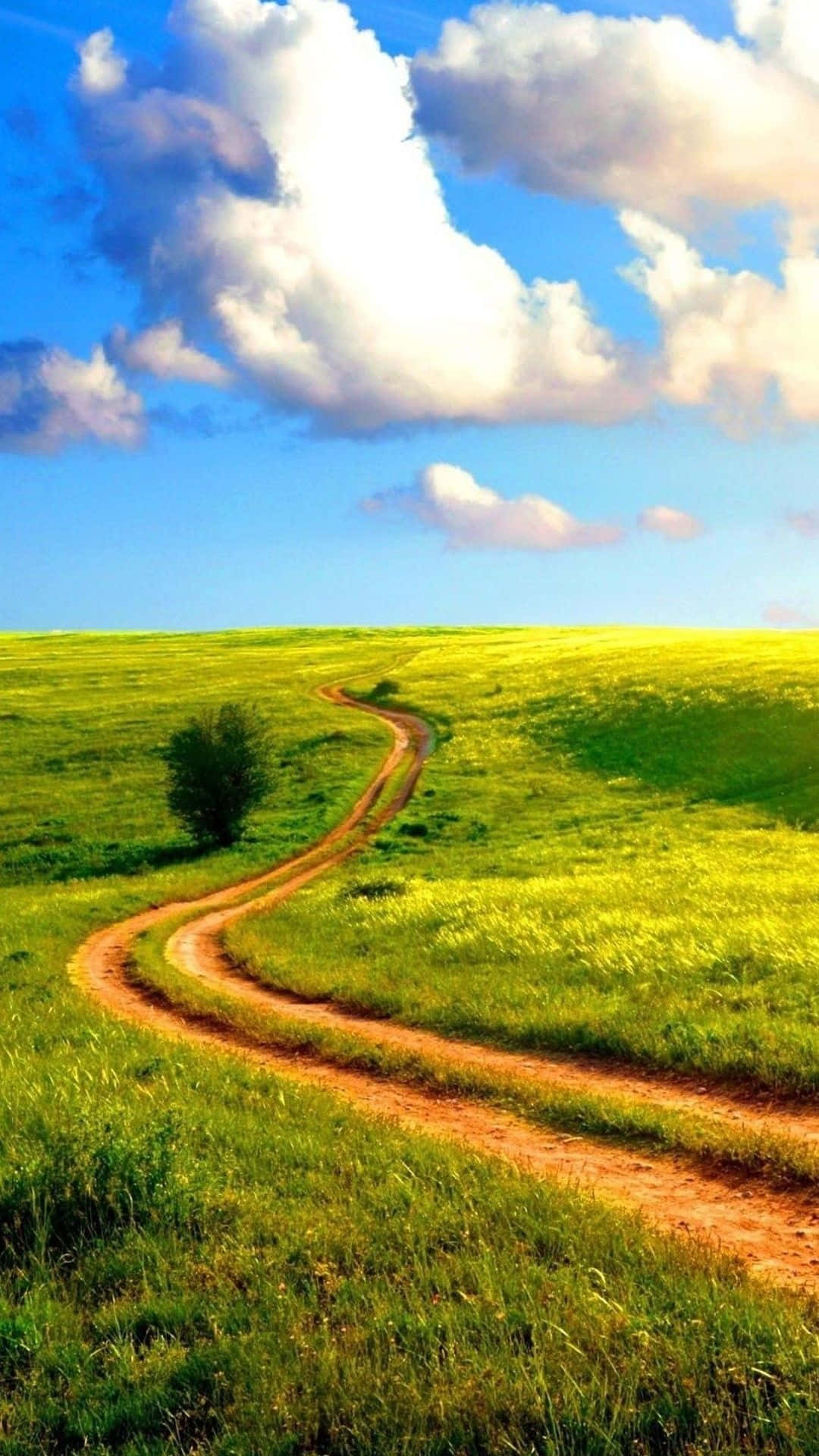 Android, dirt path, vibrant green rolling hills, Full HD Phone Wallpaper