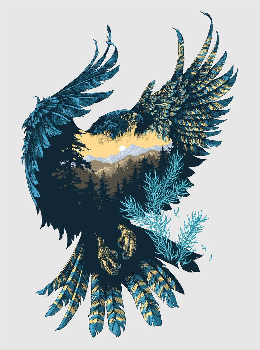eagle, blue and gold feathers, mountain forest scene, SD Phone Wallpaper