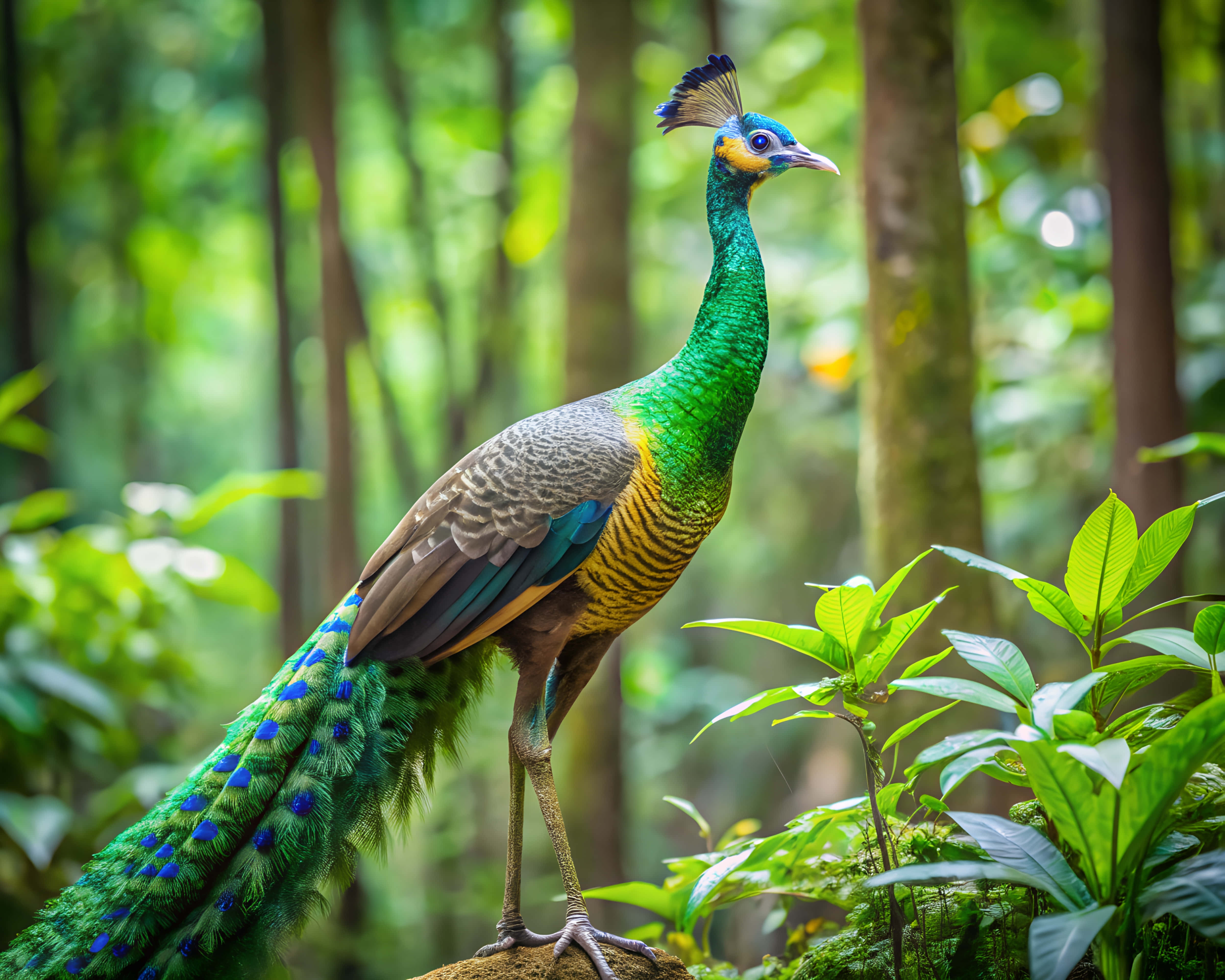 peacock, jungle, lush foliage, 4K Desktop Wallpaper