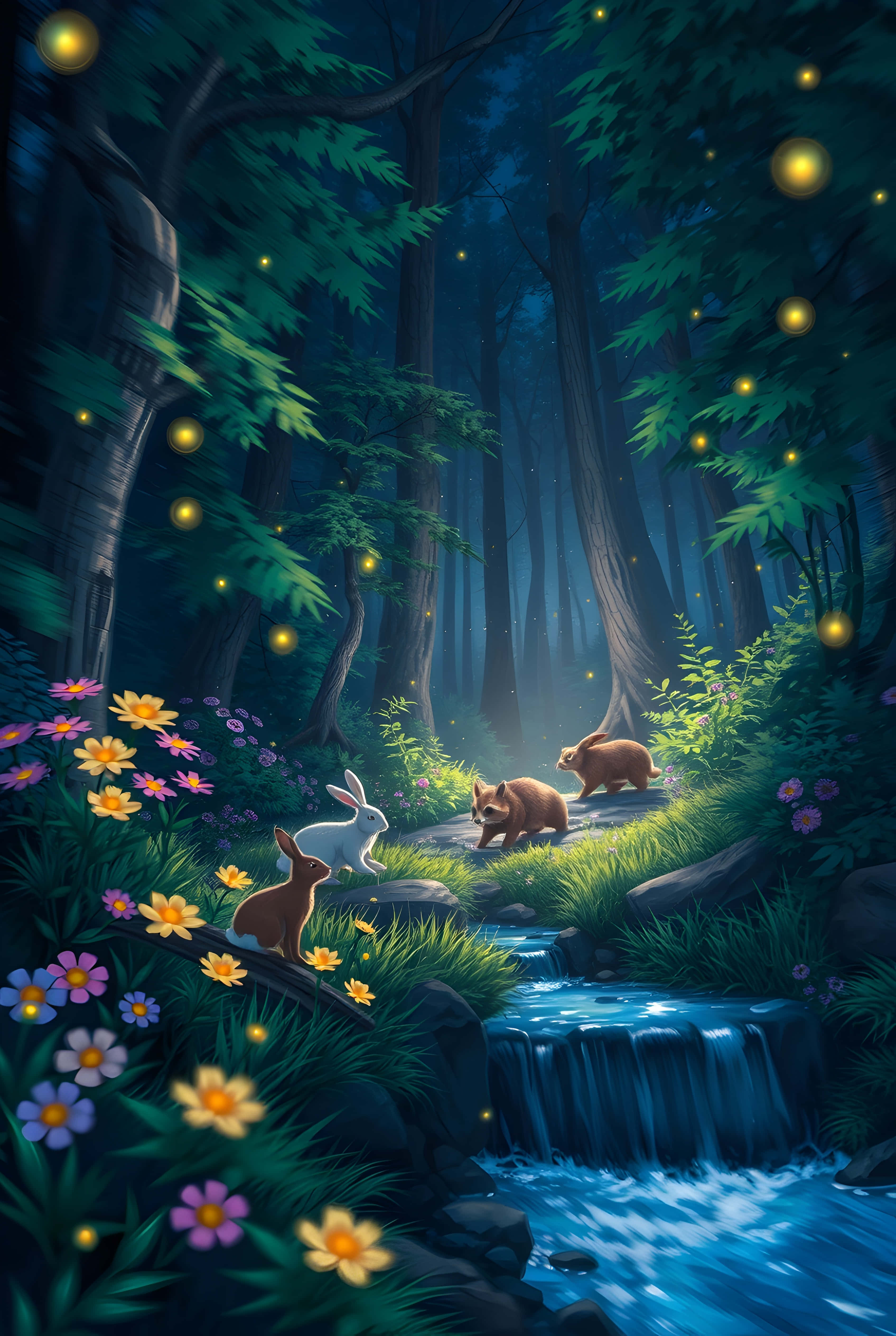 midnight creatures, moonlit forest path, glowing stream, 4K Phone Wallpaper