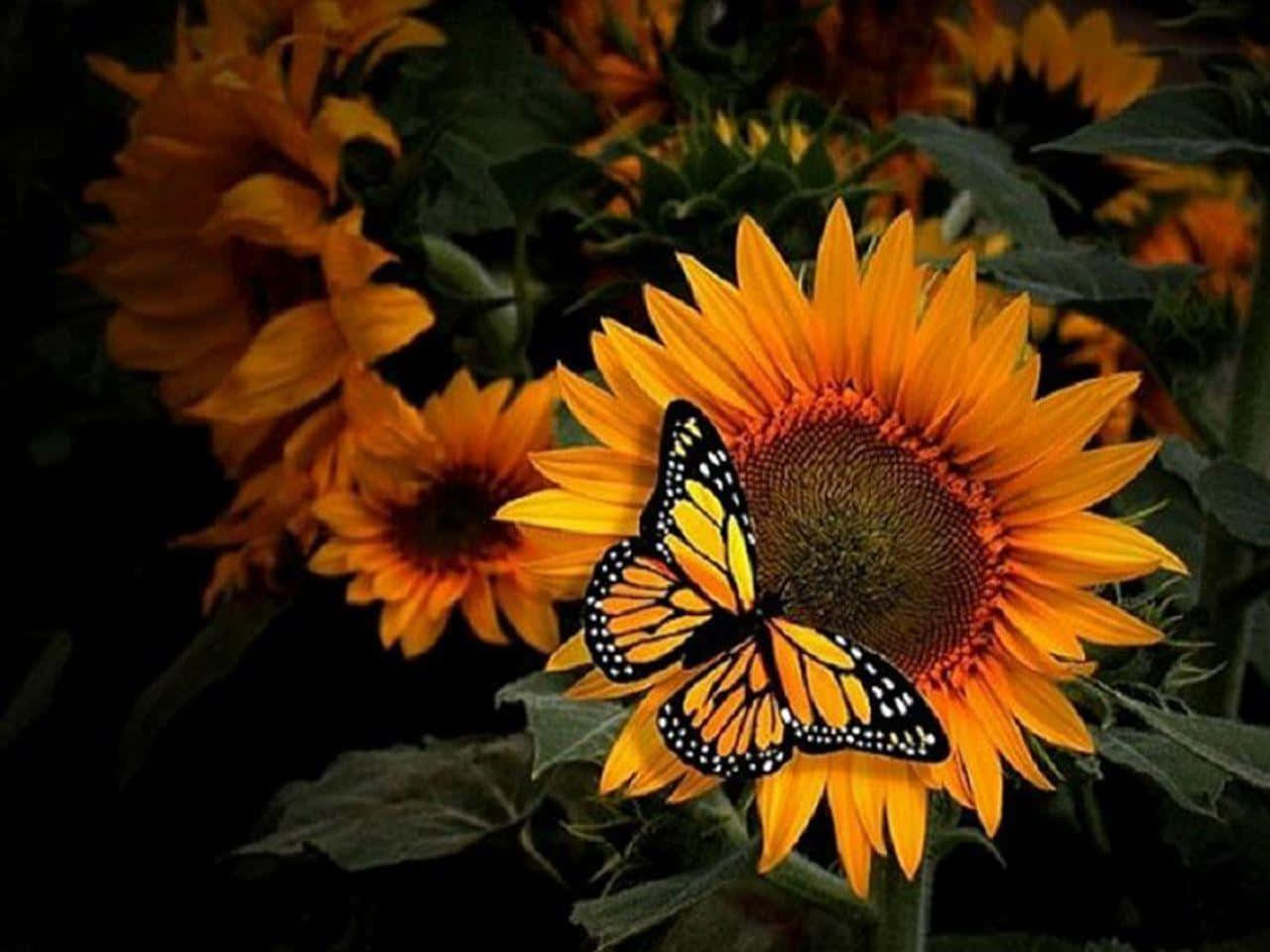 monarch butterfly, vibrant sunflower, dark background, HD Desktop Wallpaper