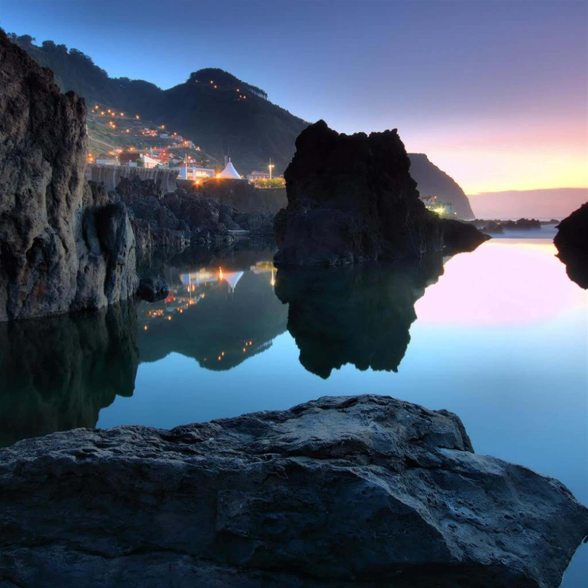 Nature iPad, twilight coastal scene, glowing village lights, Full HD Desktop Wallpaper