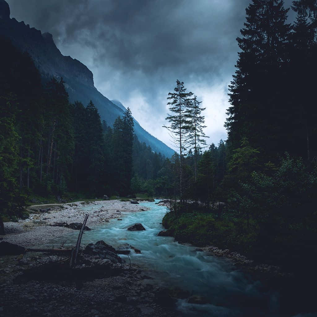 nature iPad, turbulent river, dark forested valley, SD Desktop Wallpaper
