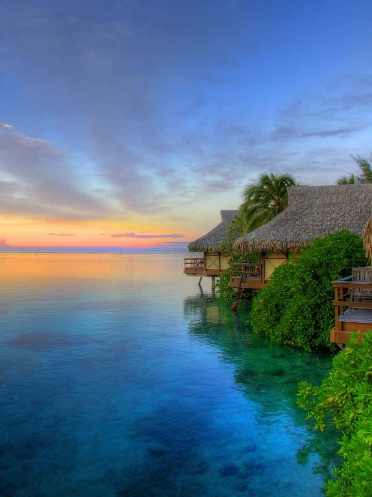 tropical island, thatched huts, sunset, SD Phone Wallpaper
