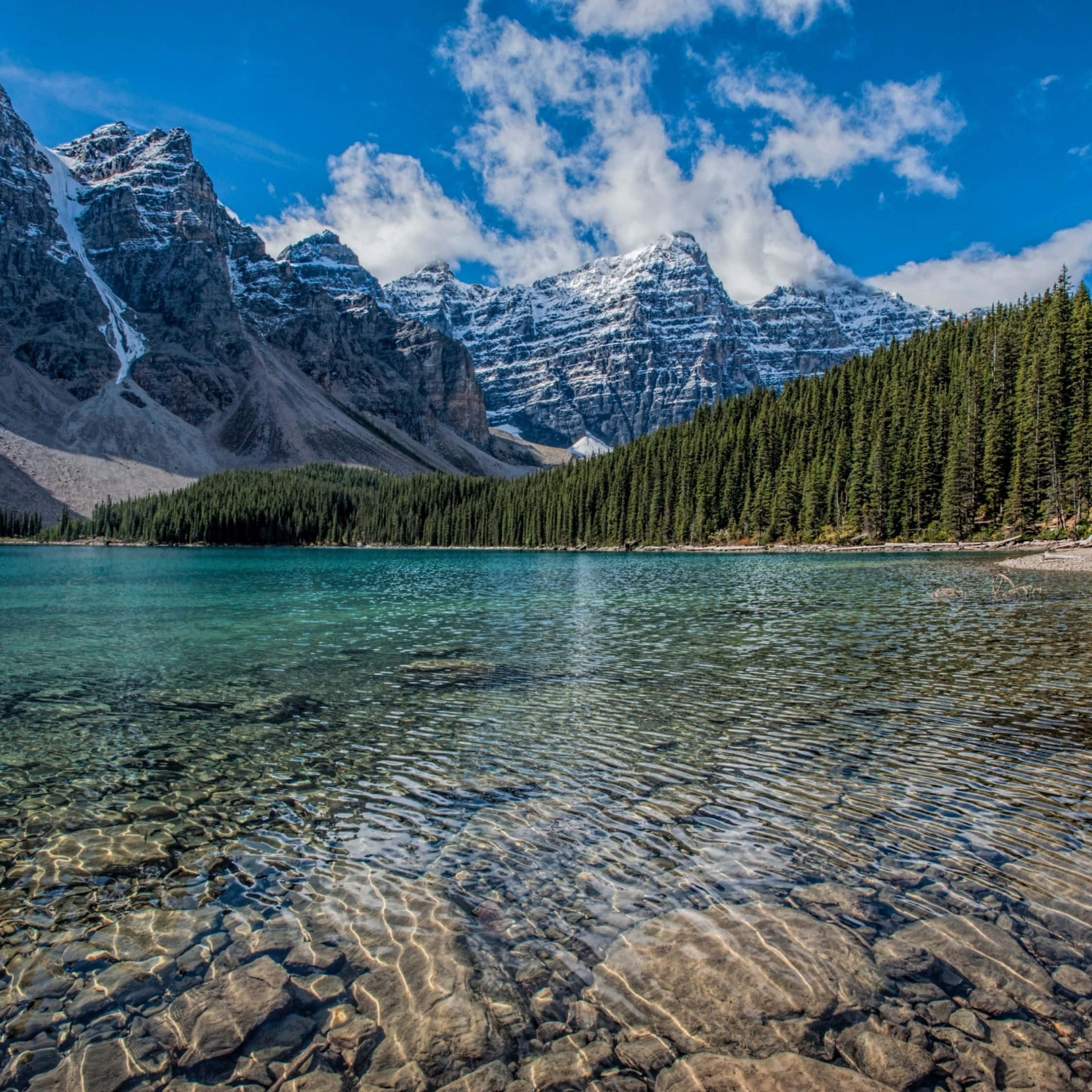 turquoise lake, snow capped mountains, bright blue sky, Full HD Desktop Wallpaper