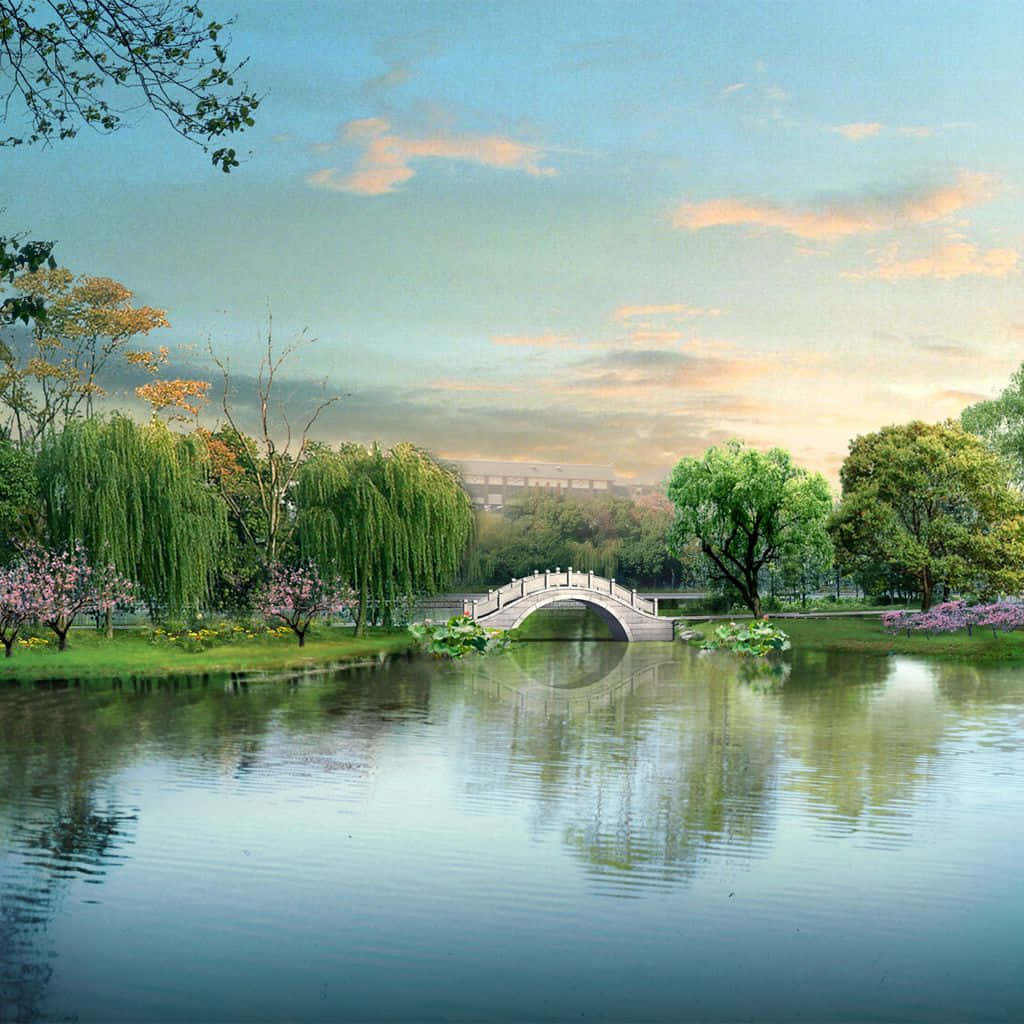 iPad, stone arch bridge, calm lake, SD Desktop Wallpaper