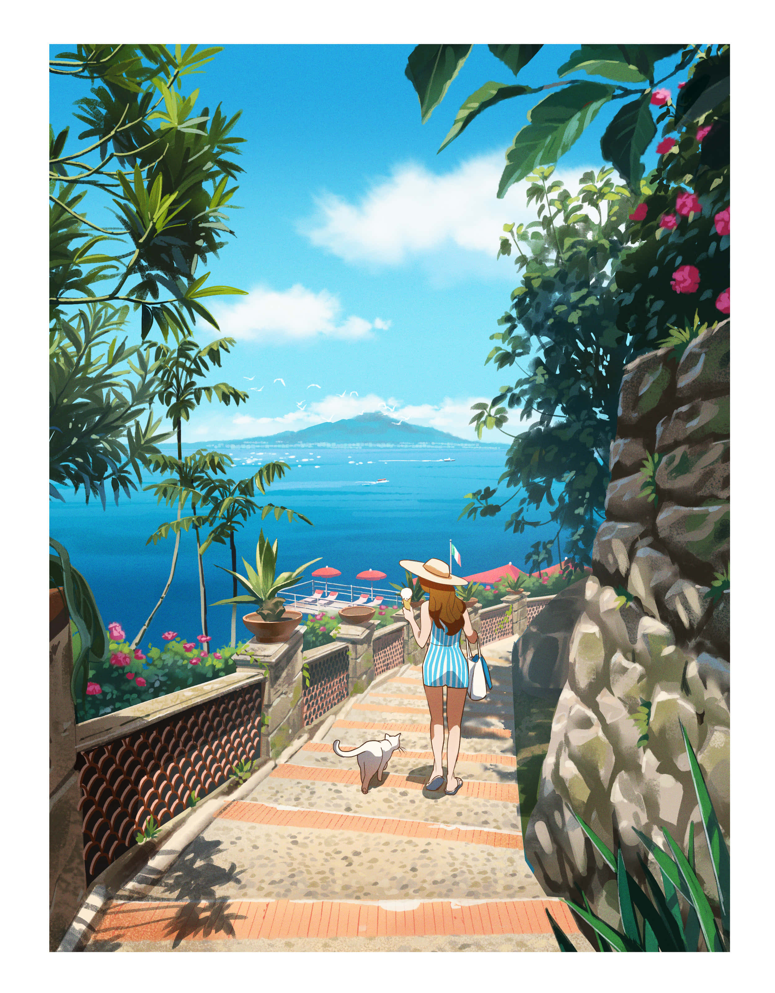 straw hat, sunlit stone staircase, lush greenery, 2K Phone Wallpaper
