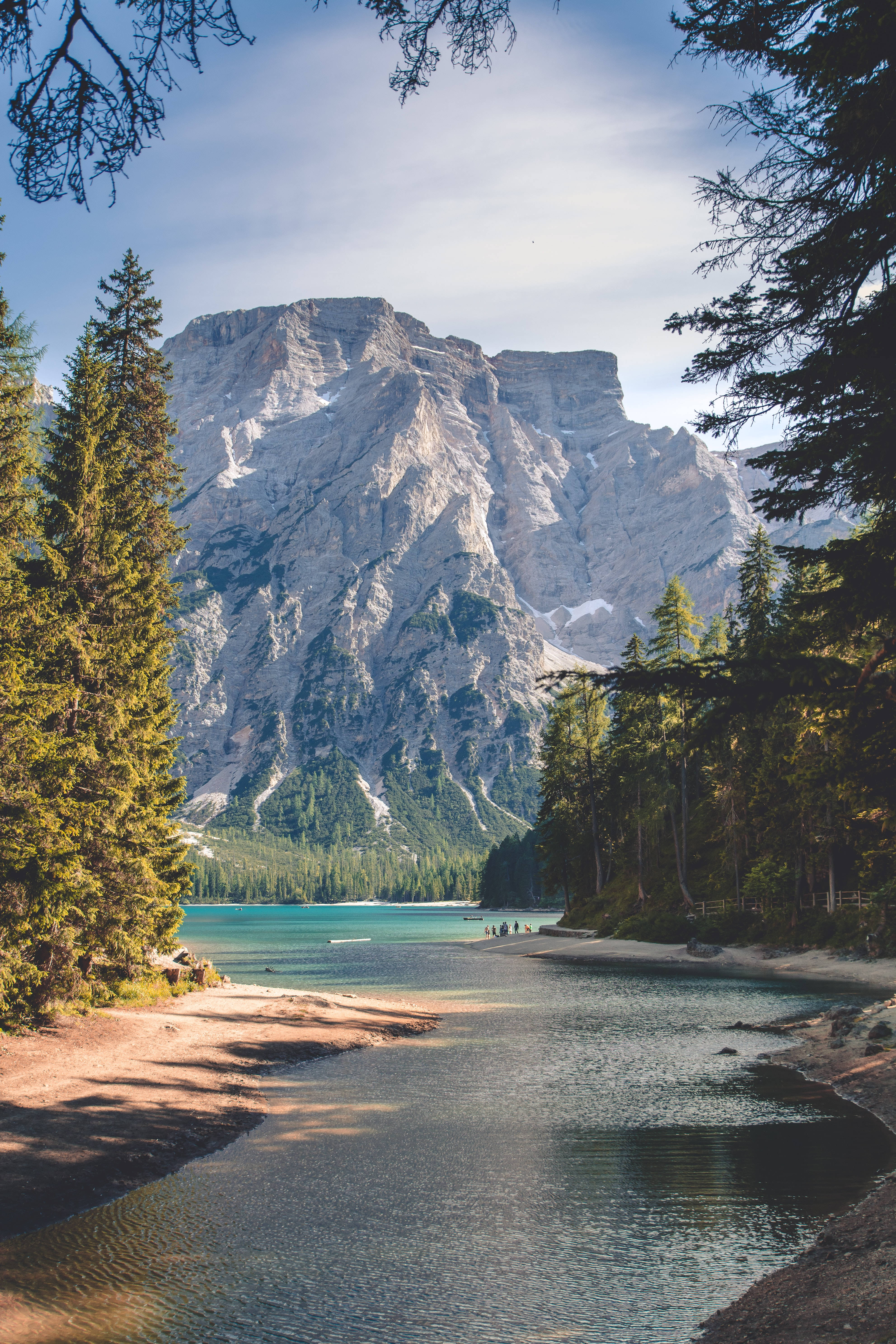 alpine lake, rocky cliffs, evergreen trees, 5K Phone Wallpaper