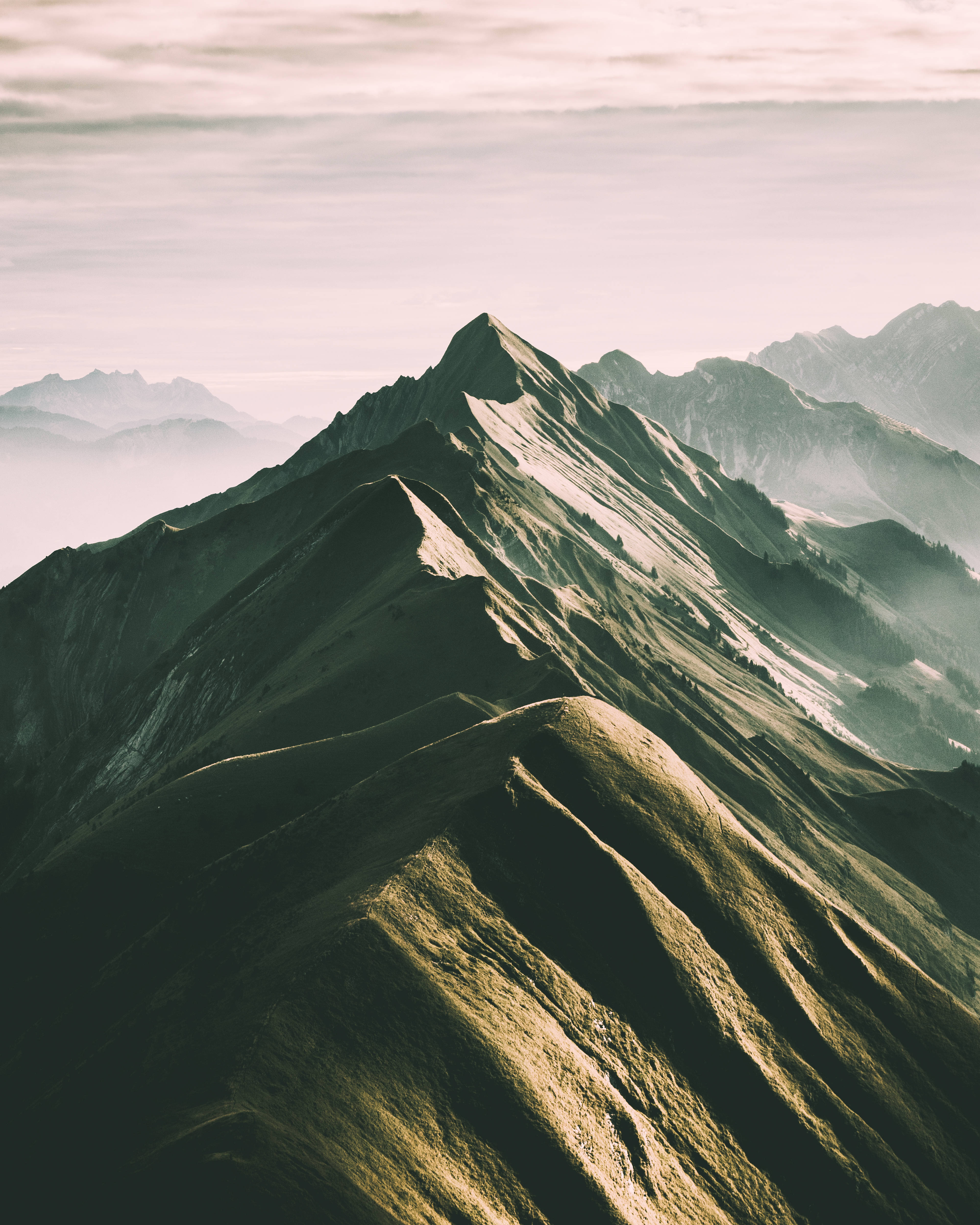 mountain ridge, soft golden light, misty peaks, 4K Phone Wallpaper