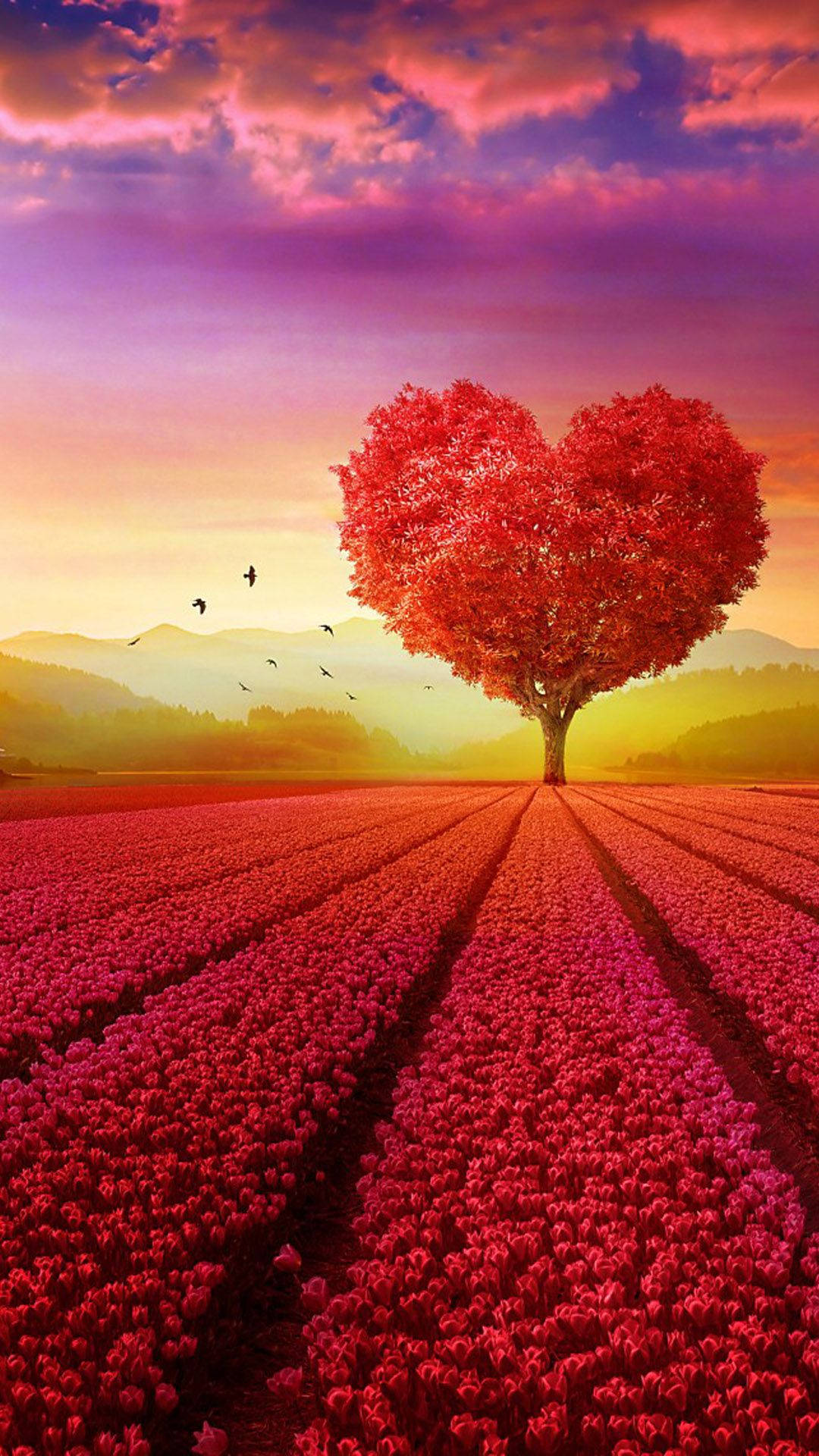 red tree, field of pink tulips, vibrant sunset sky, Full HD Phone Wallpaper