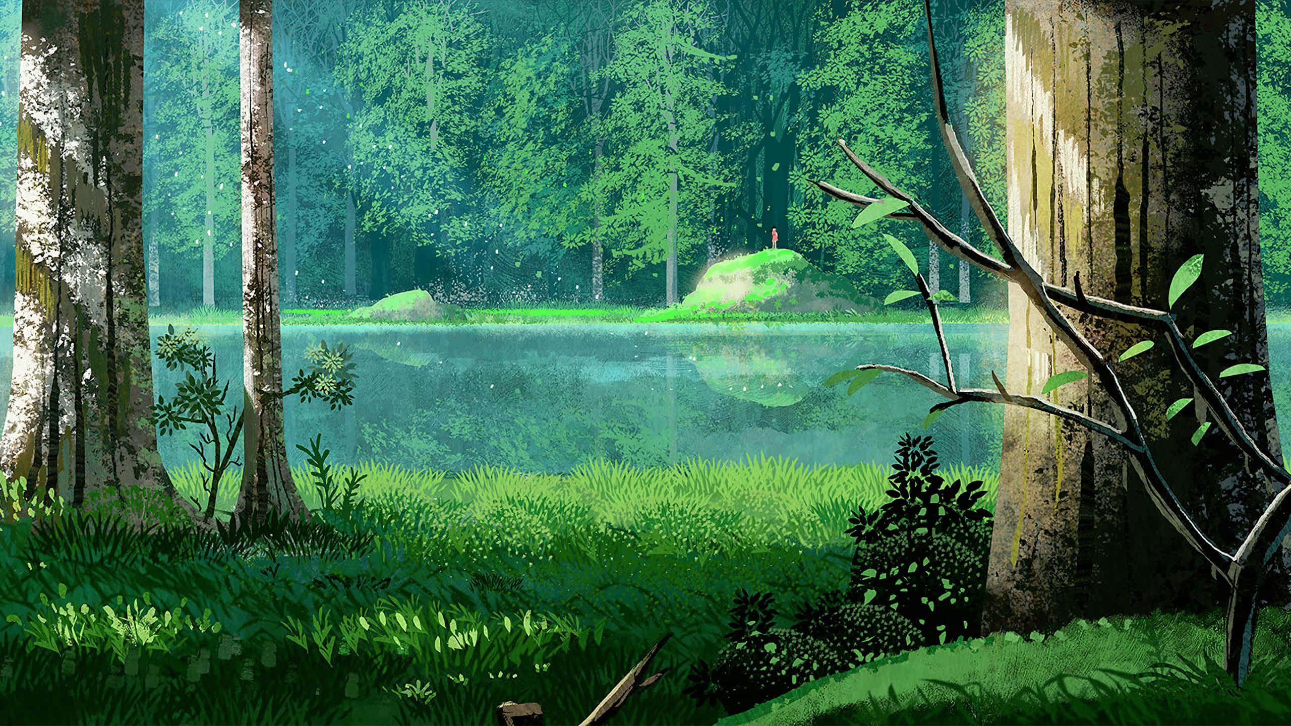 forest lake, tall trees, dappled sunlight, 2K Desktop Wallpaper