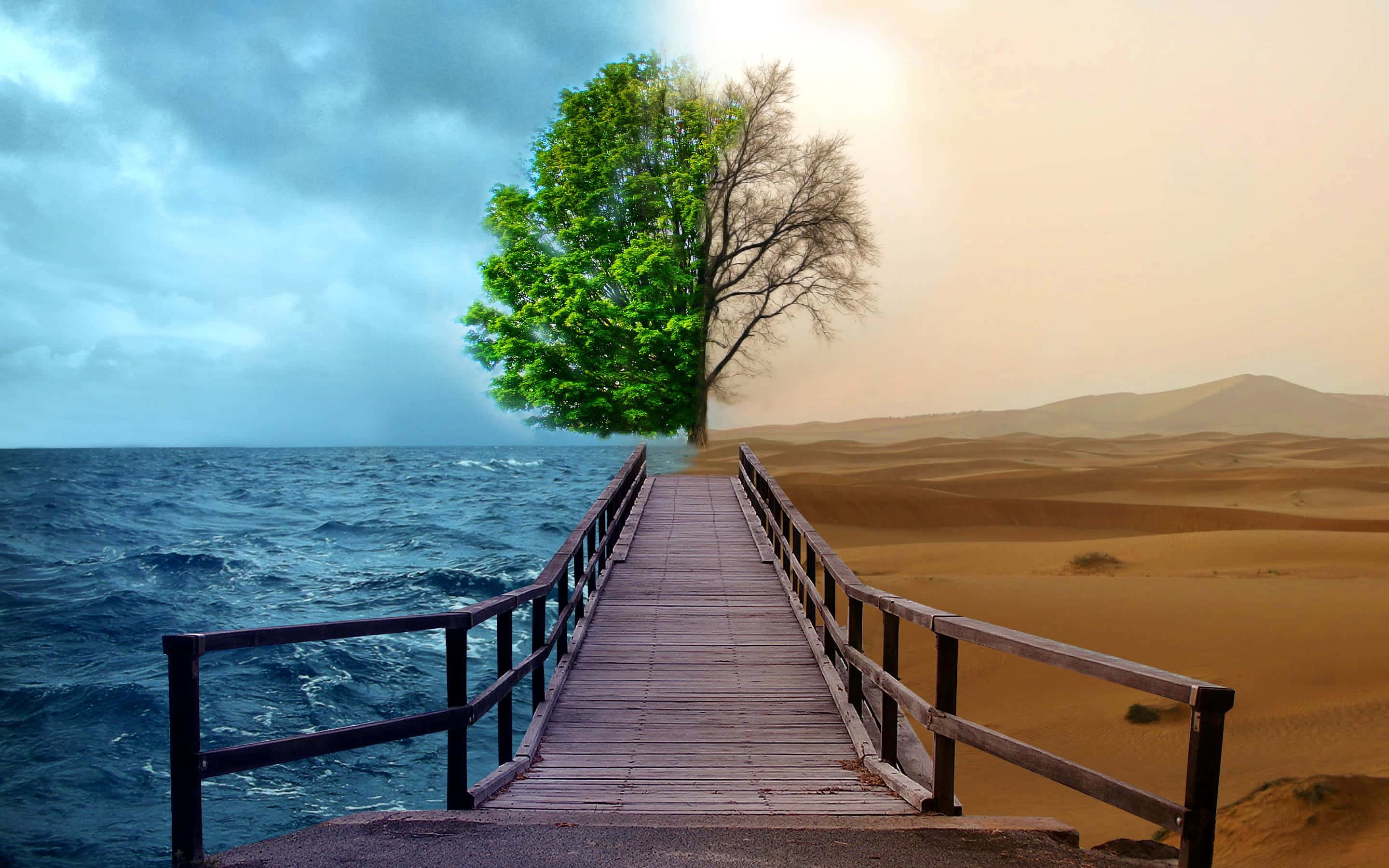 wooden pier, stormy ocean, desert, 2K Desktop Wallpaper