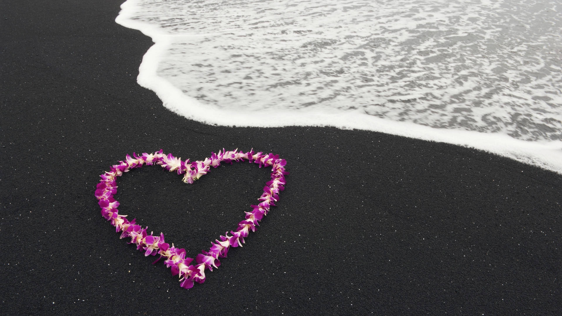 Nature Love, purple flower heart, dark volcanic sand, Full HD Desktop Wallpaper