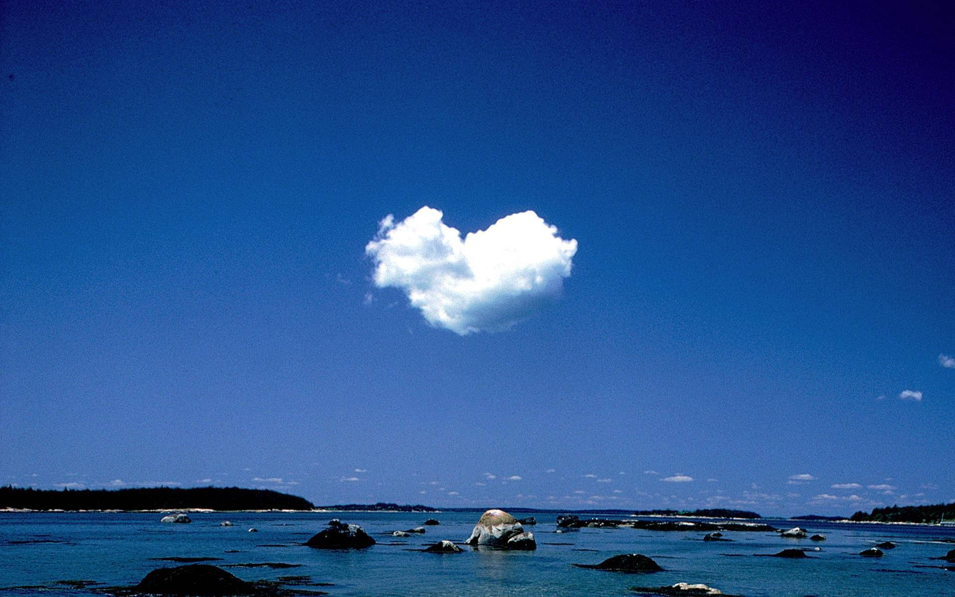 Nature Love One Cloud, heart-shaped cloud, calm blue sea, Full HD Desktop Wallpaper