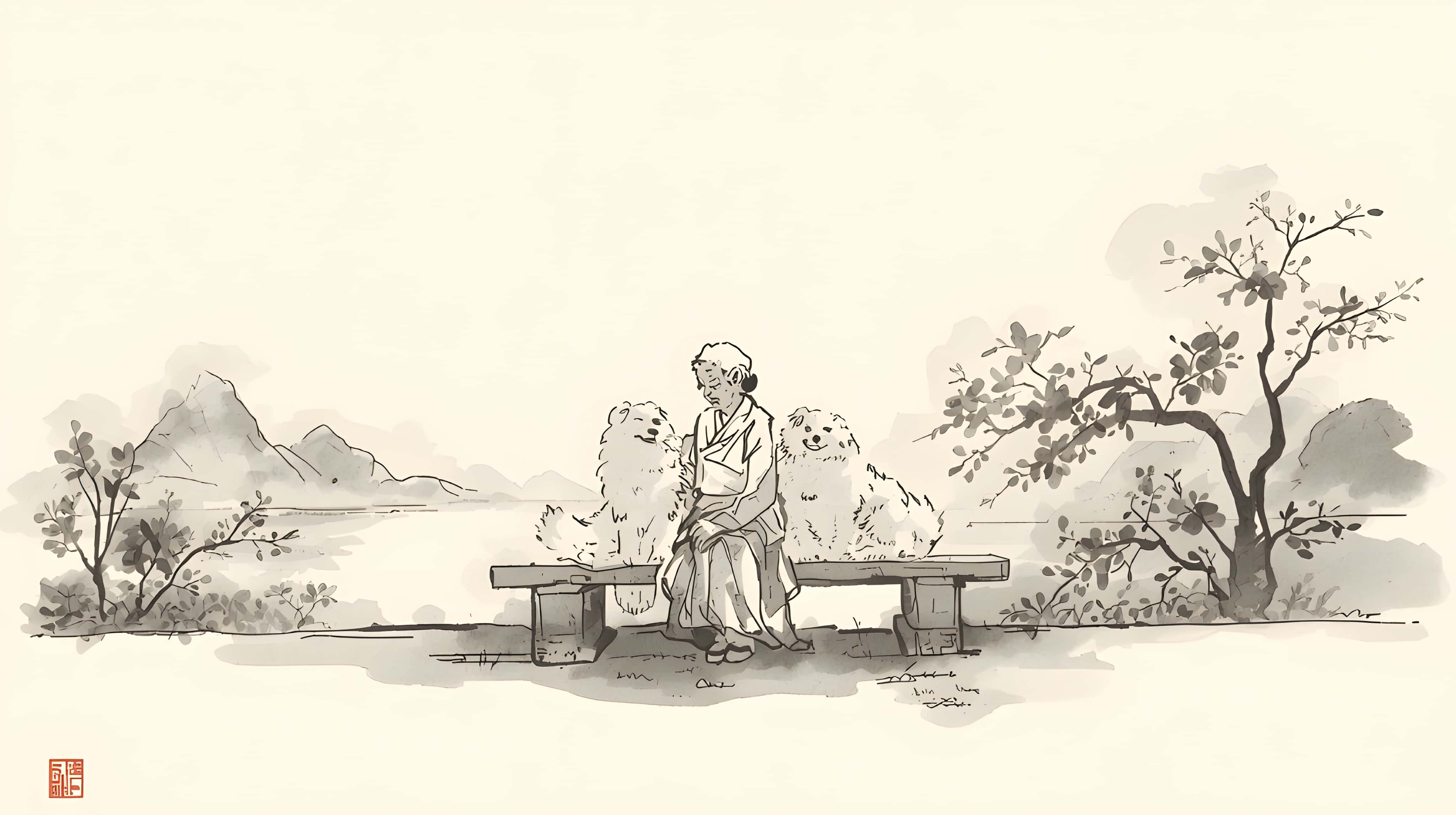 old woman, two fluffy dogs, wooden bench, 4K Desktop Wallpaper