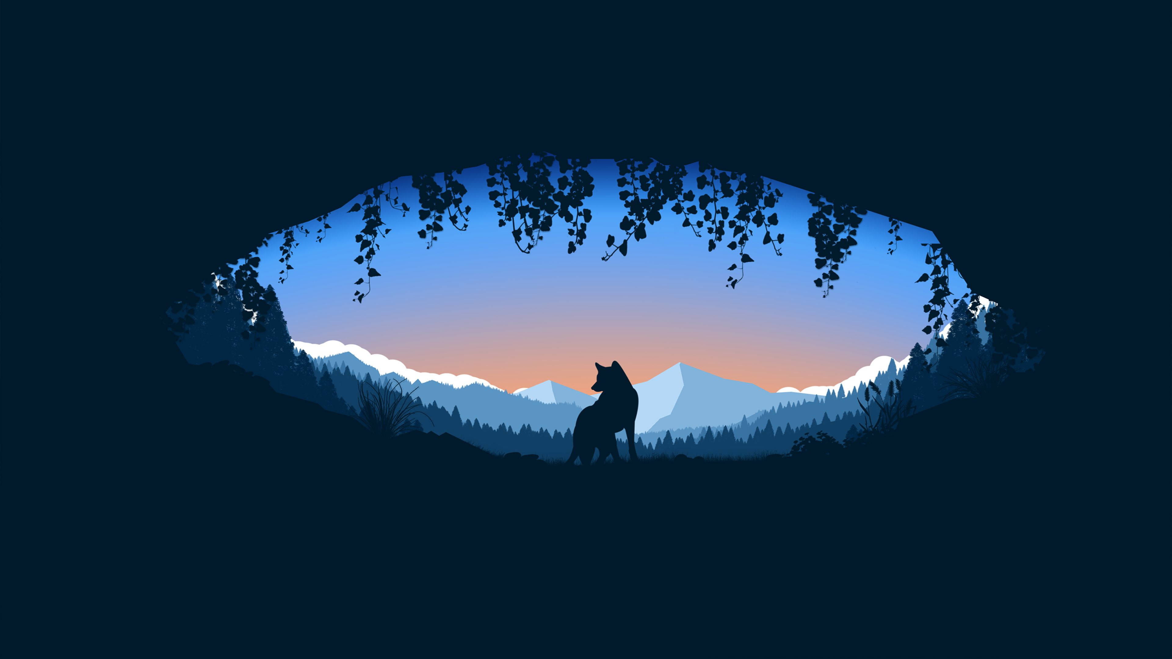 lone wolf silhouette, cave entrance, mountain range, 4K Desktop Wallpaper