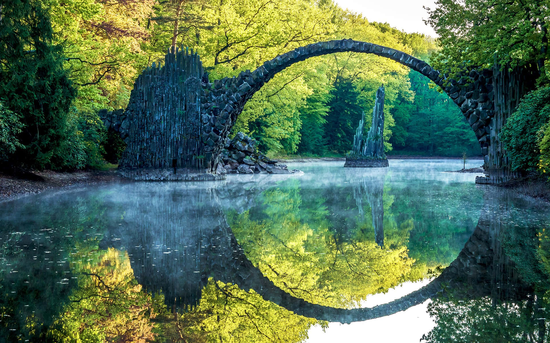 stone arch bridge, misty lake, lush green trees, Full HD Desktop Wallpaper