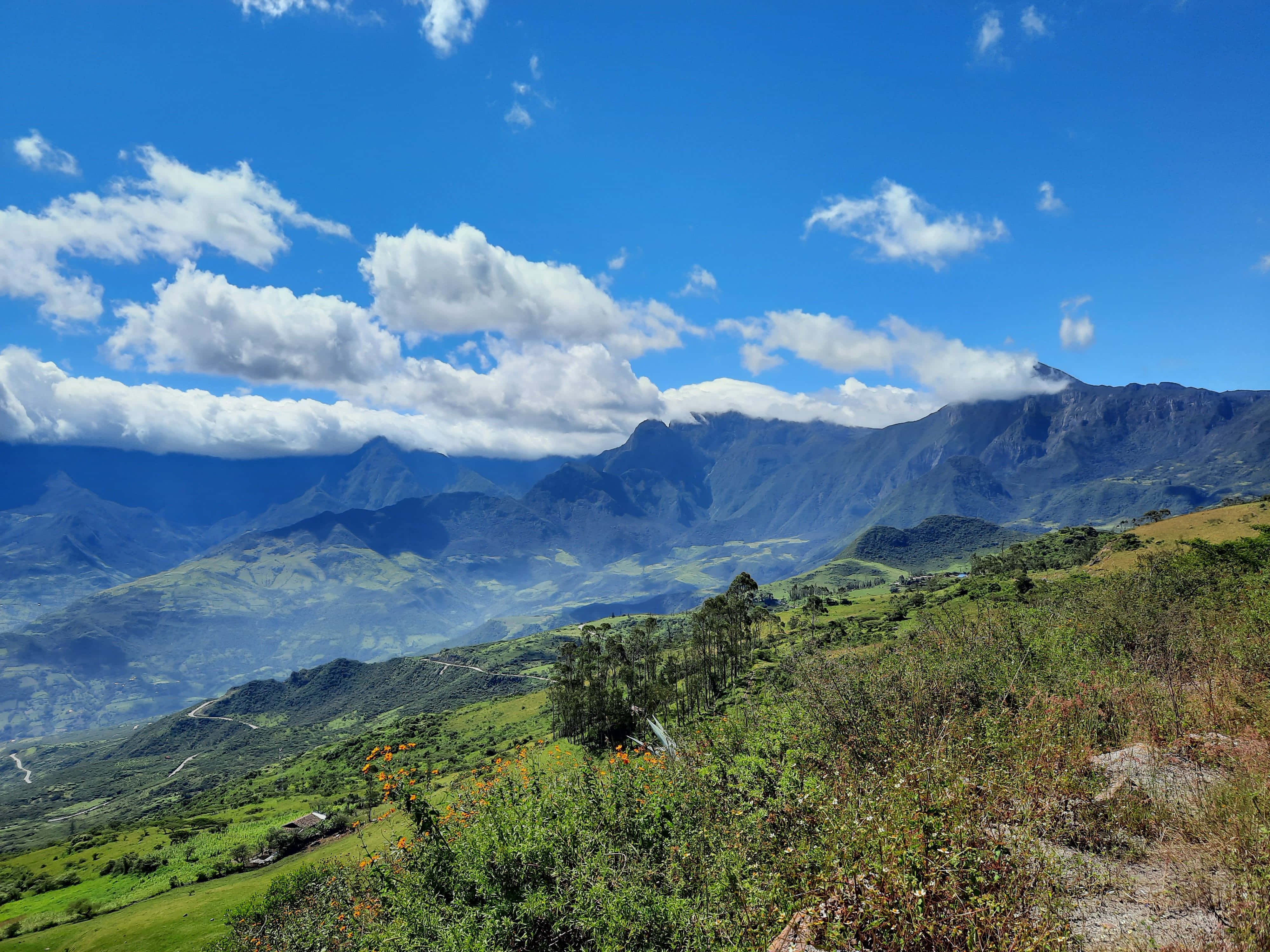 green valleys, blue mountains, bright sky, 4K Desktop Wallpaper