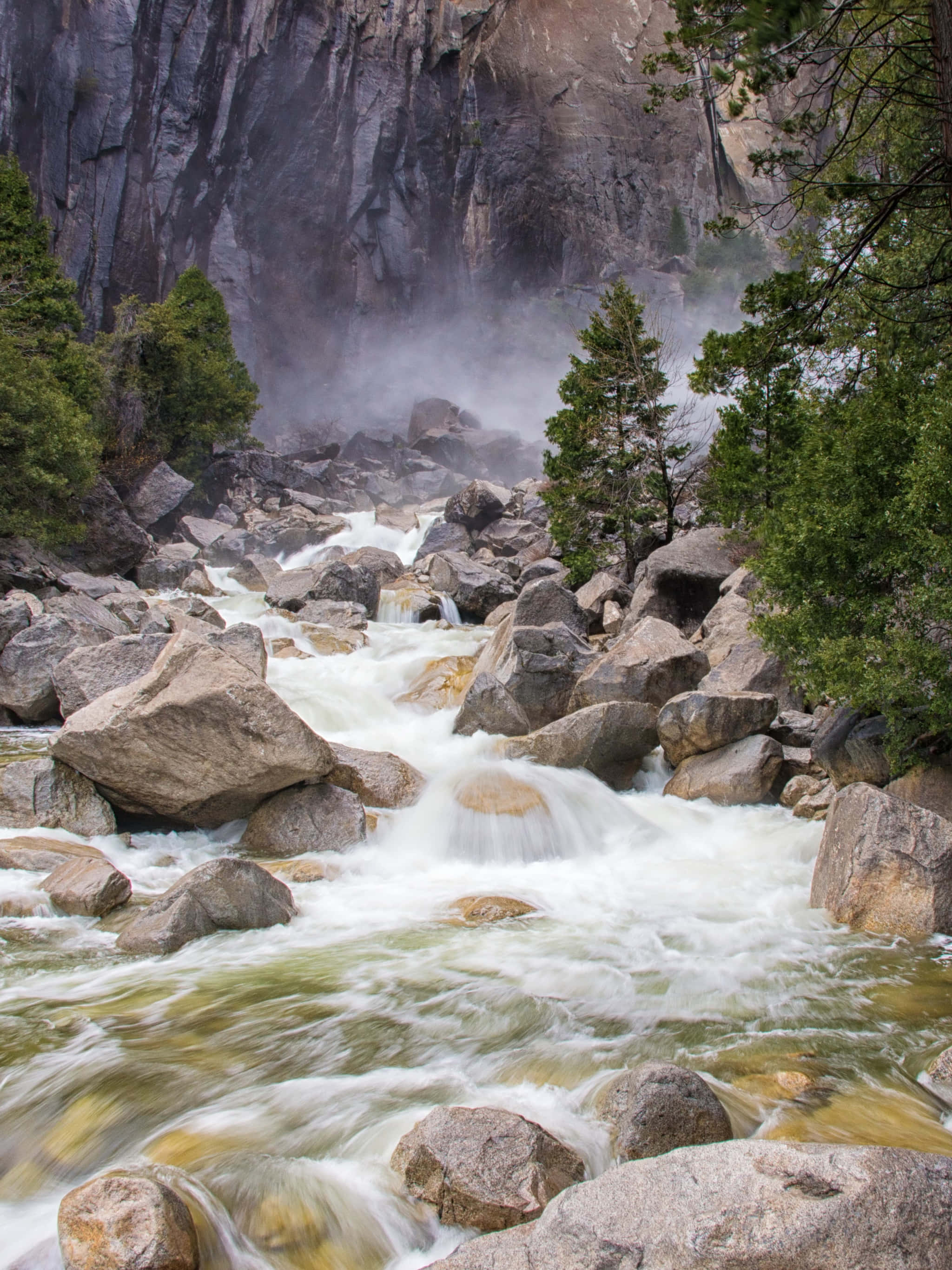 rushing river, mossy boulders, forested canyon, 2K Phone Wallpaper