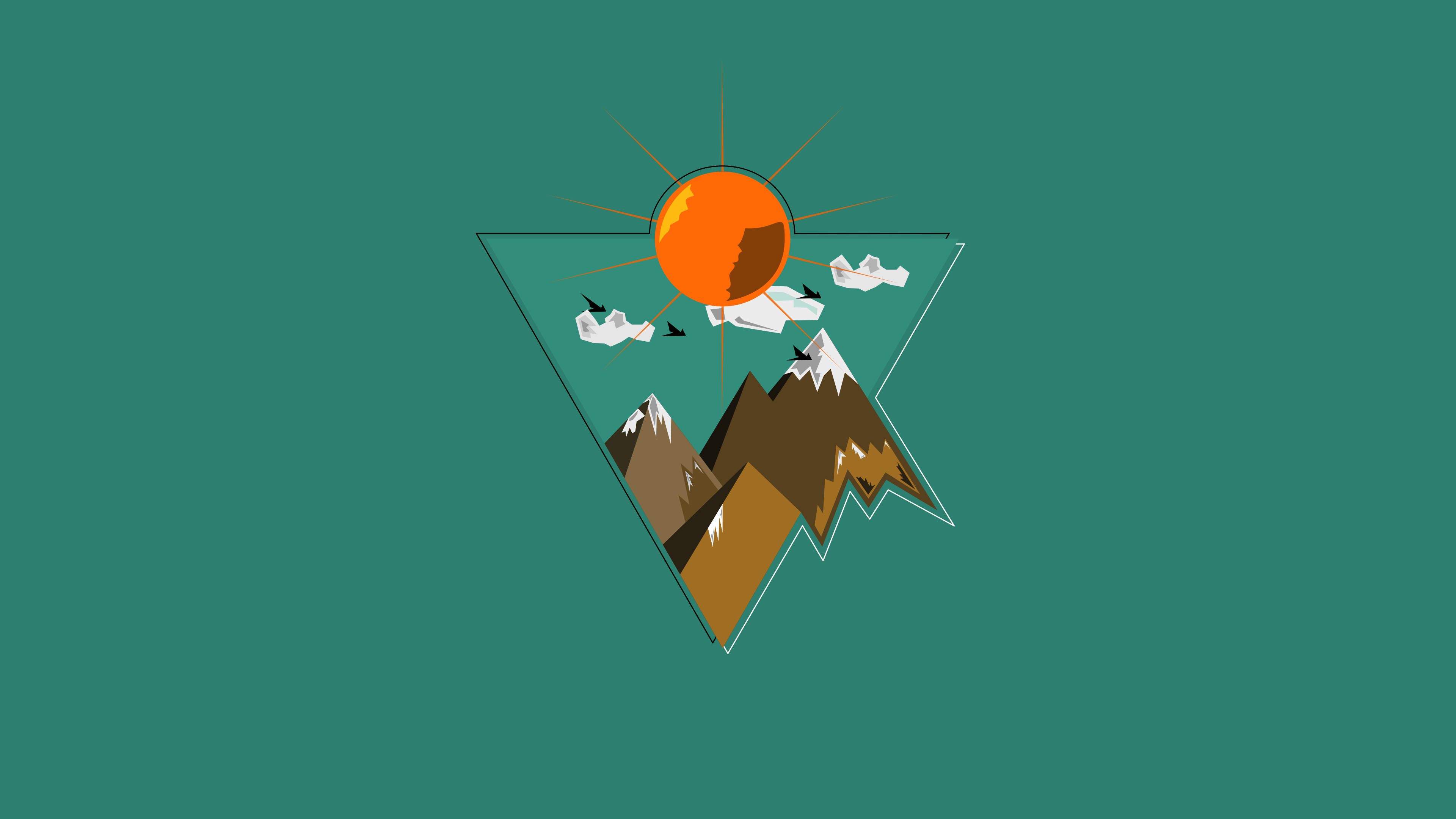 teal background, stylized triangular mountain scene, sun, 4K Desktop Wallpaper