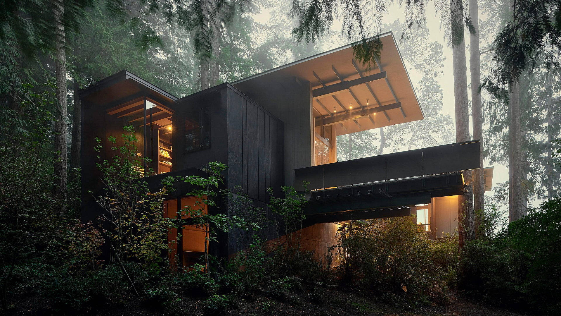 Modern House, forest, misty forest, Full HD Desktop Wallpaper