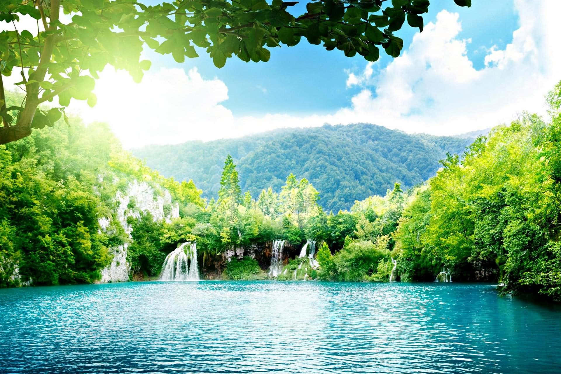 lush forest, serene turquoise lake, cascading waterfalls, Full HD Desktop Wallpaper