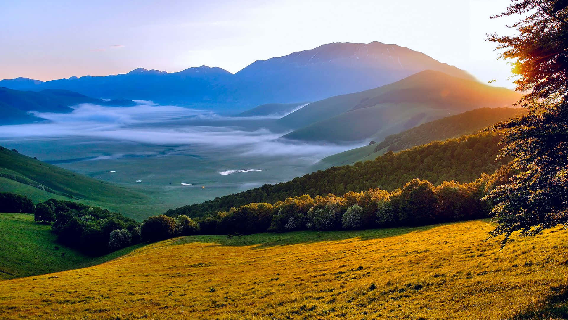 rolling hills, grassy hills, misty valleys, Full HD Desktop Wallpaper