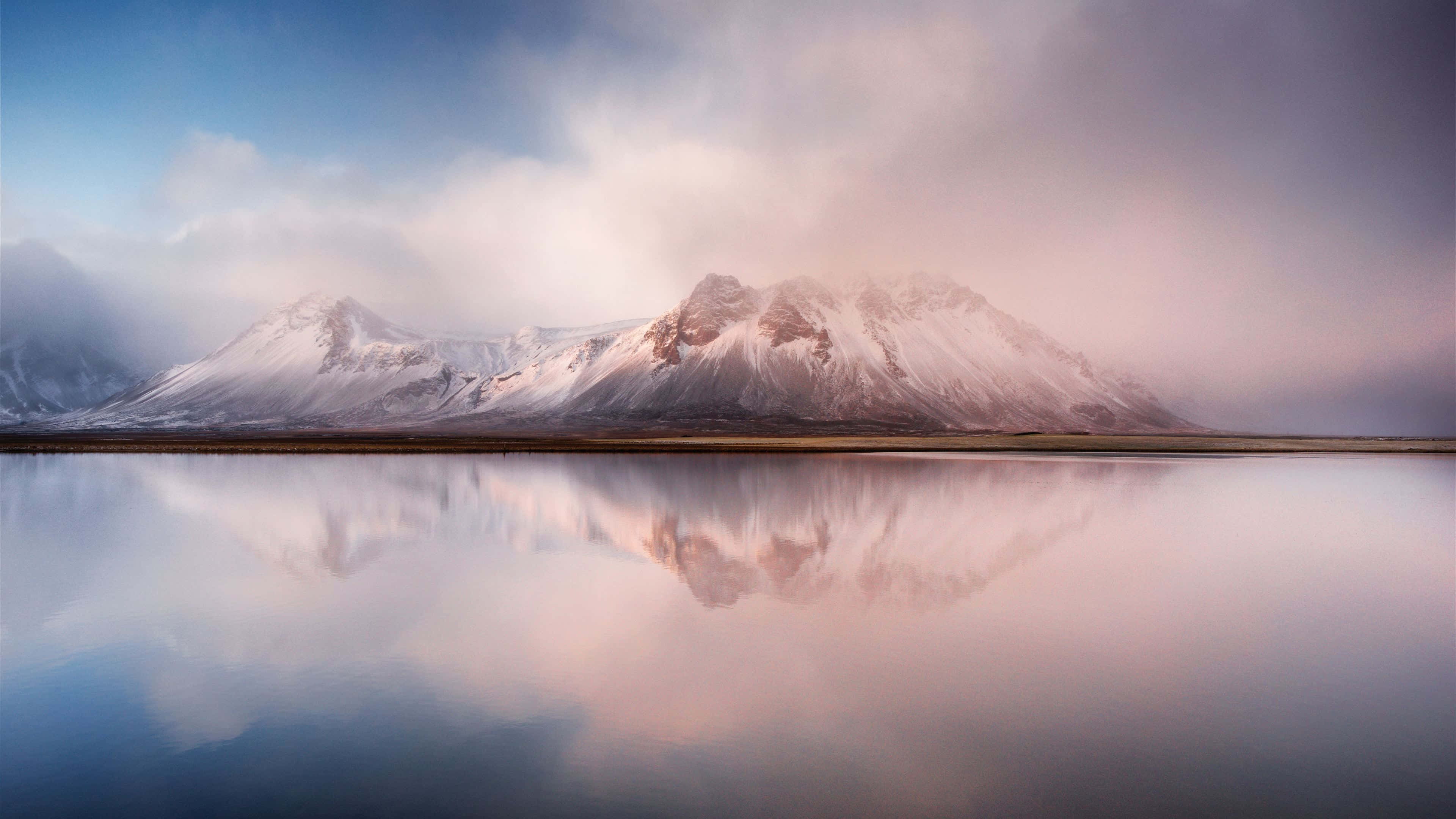 distant mountain, glassy lake, soft pink and blue dawn skies, 4K Desktop Wallpaper