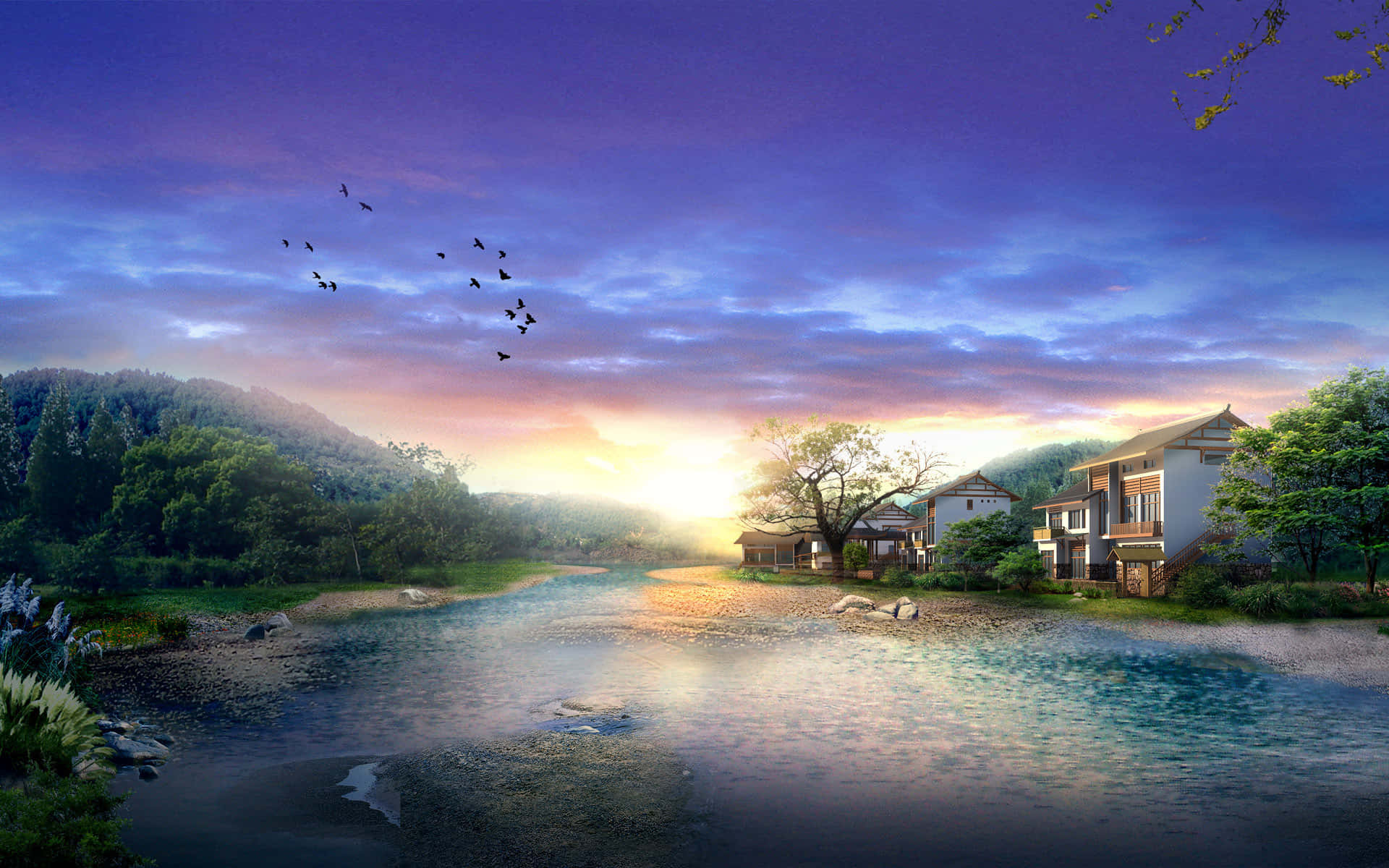 Sunset, river valley, forest glade, Full HD Desktop Wallpaper