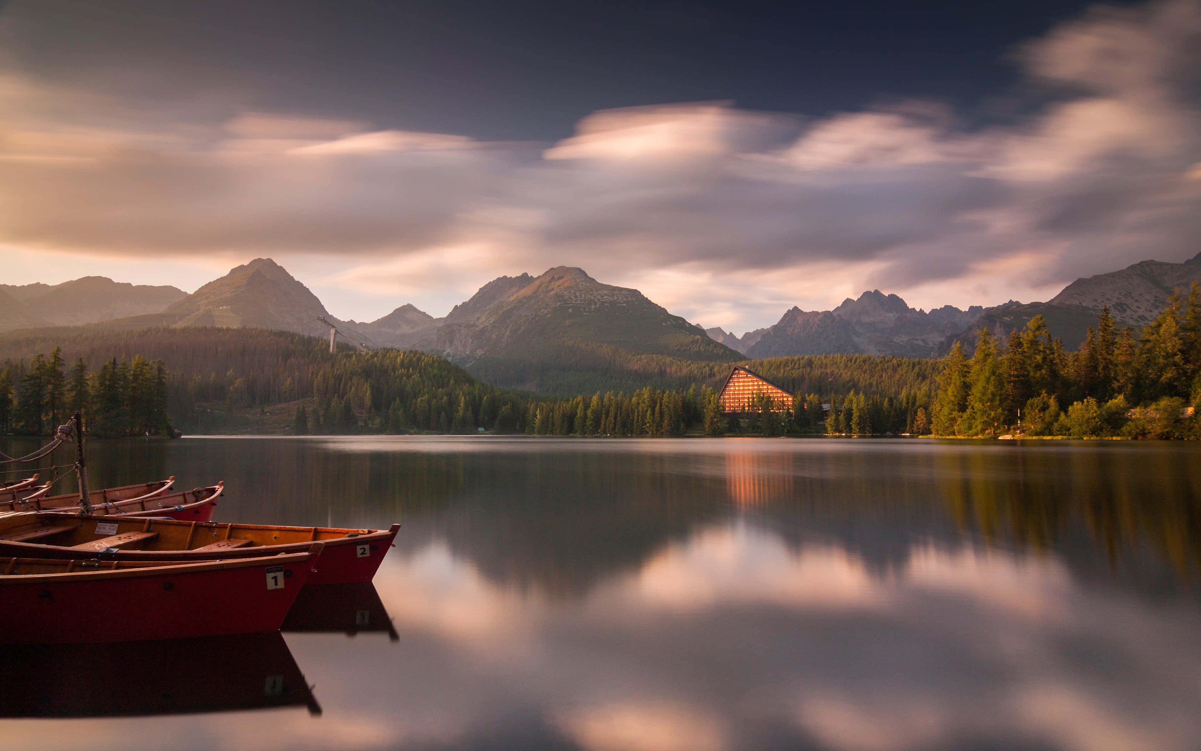 red rowboats, glassy lake, golden clouds, 4K Desktop Wallpaper