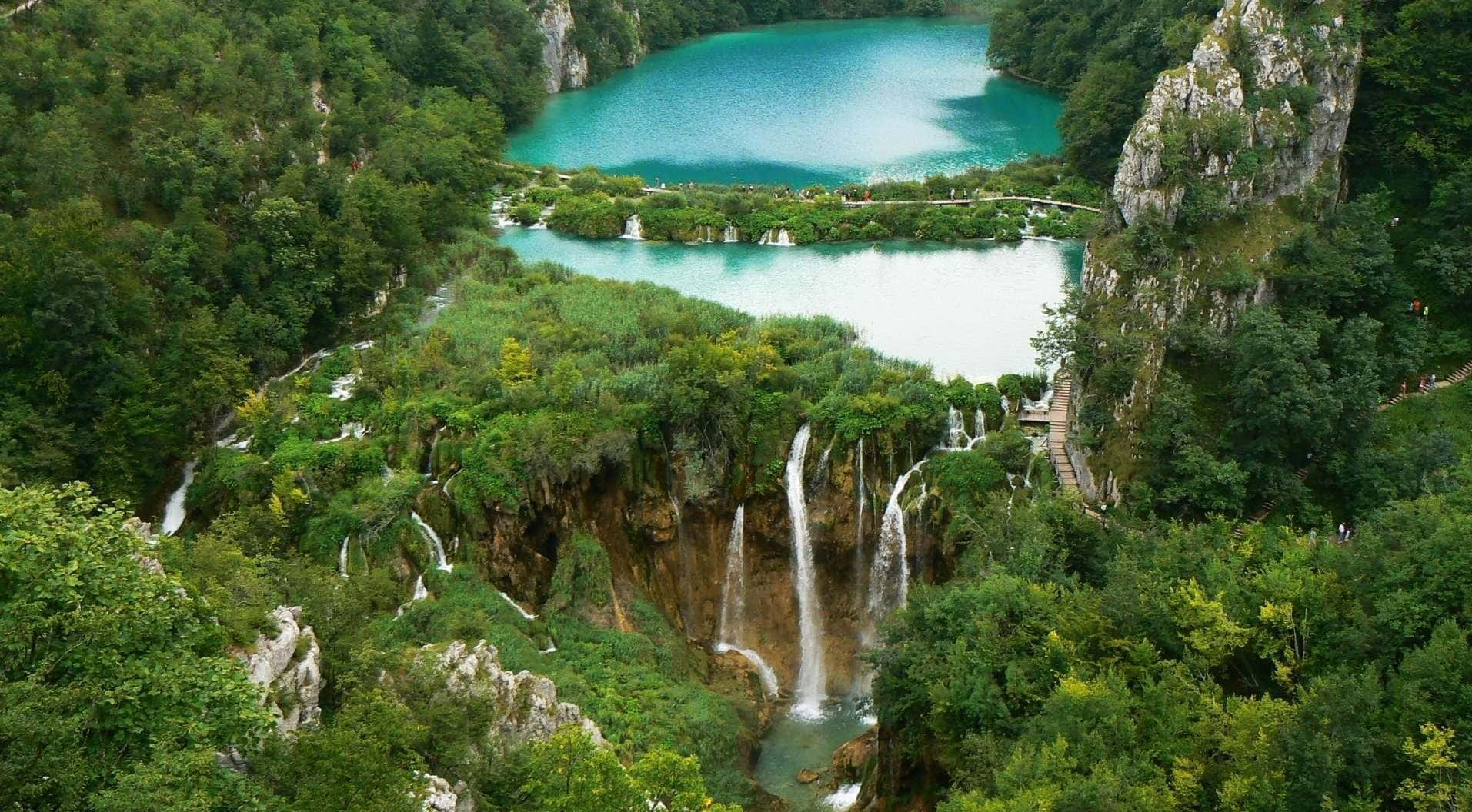 turquoise lakes, cascading waterfalls, lush green forests, HD Desktop Wallpaper
