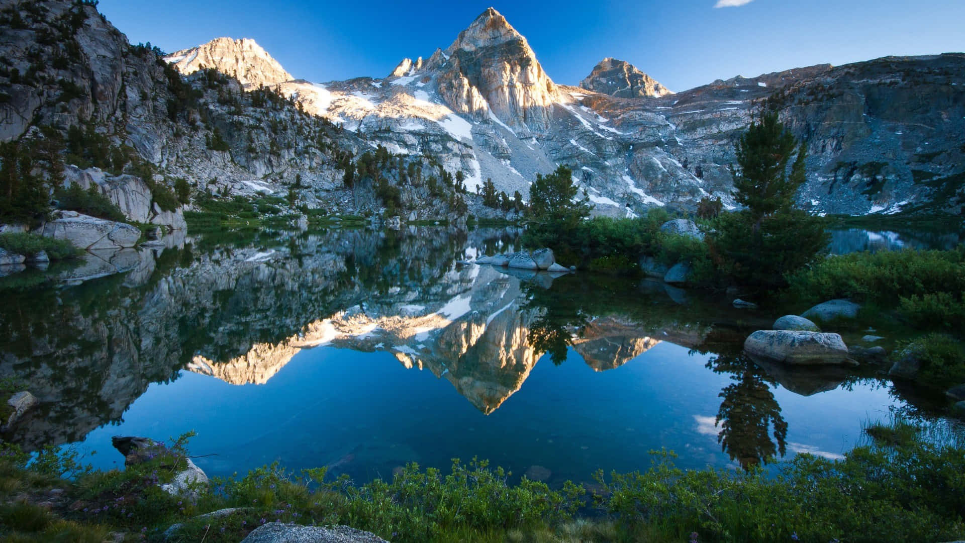 Summer, mountain lake, snow-capped peaks, Full HD Desktop Wallpaper
