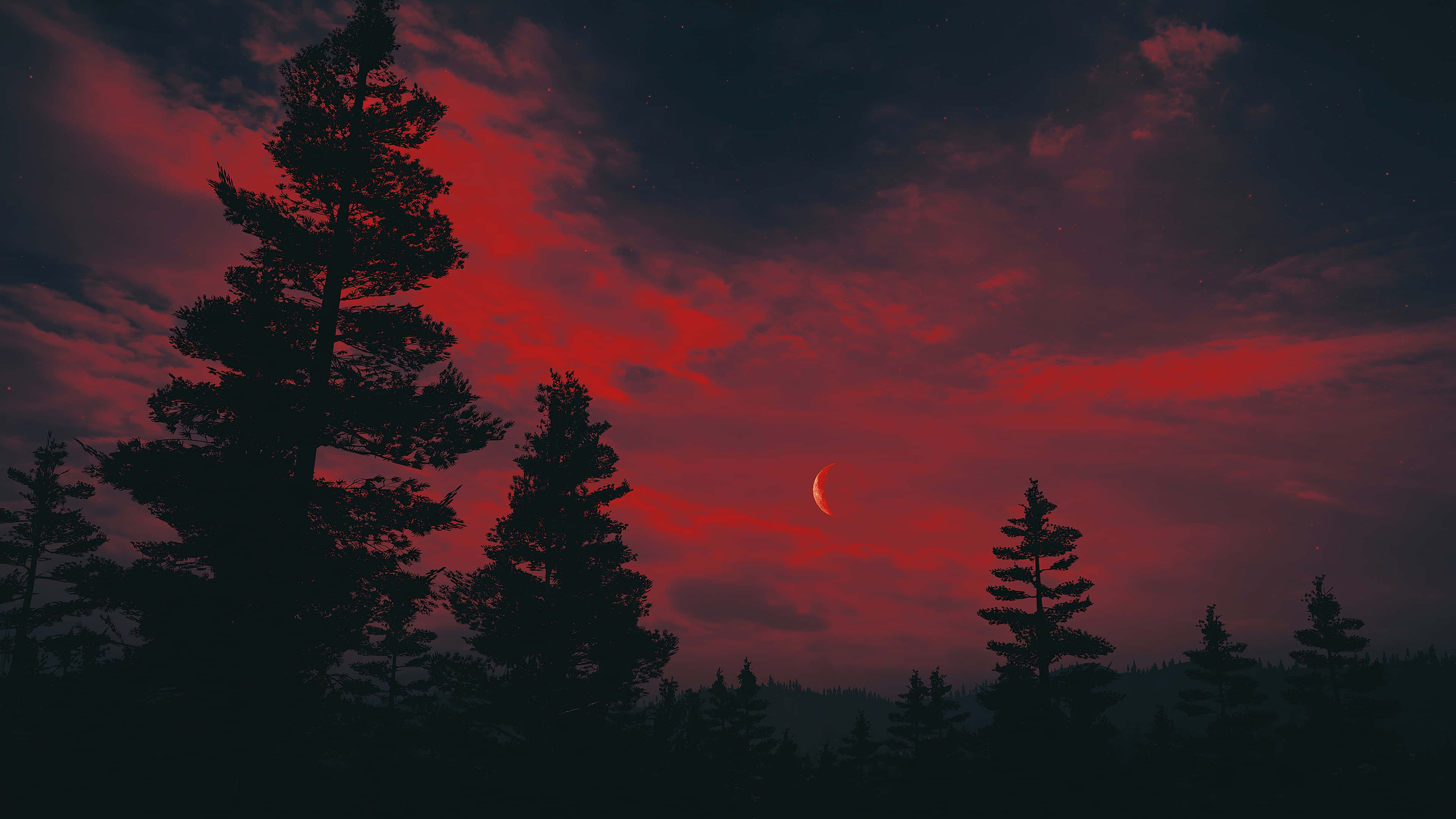 red sky, pine trees, crescent moon, 4K Desktop Wallpaper