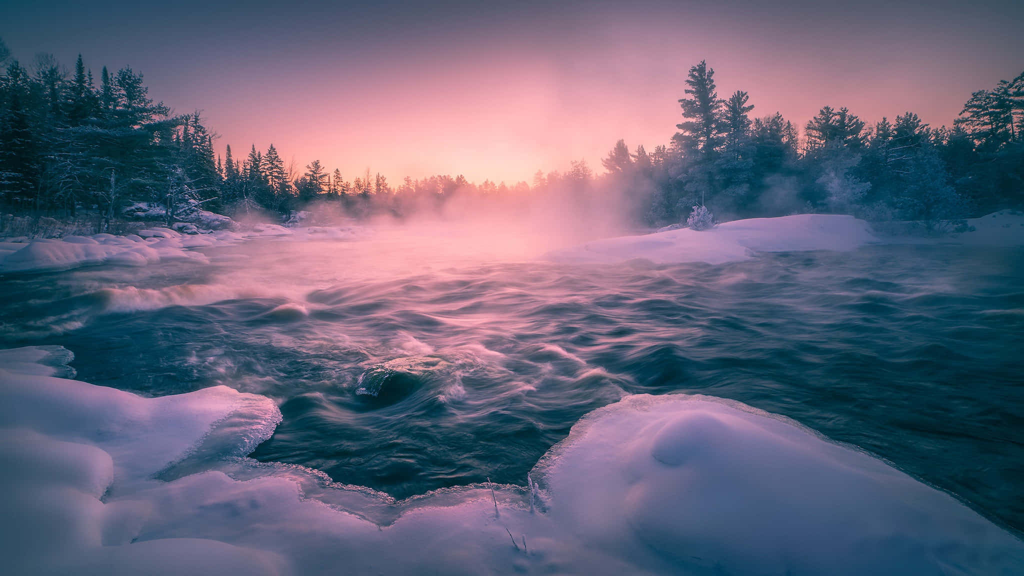 frozen river, dawn, mist, Full HD Desktop Wallpaper