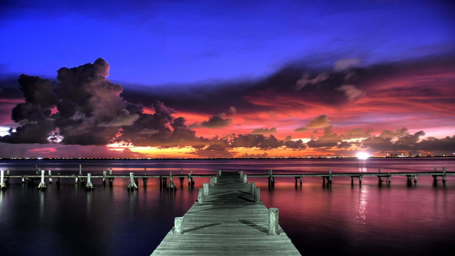 wooden pier, calm water, dramatic twilight sky, Full HD Desktop Wallpaper