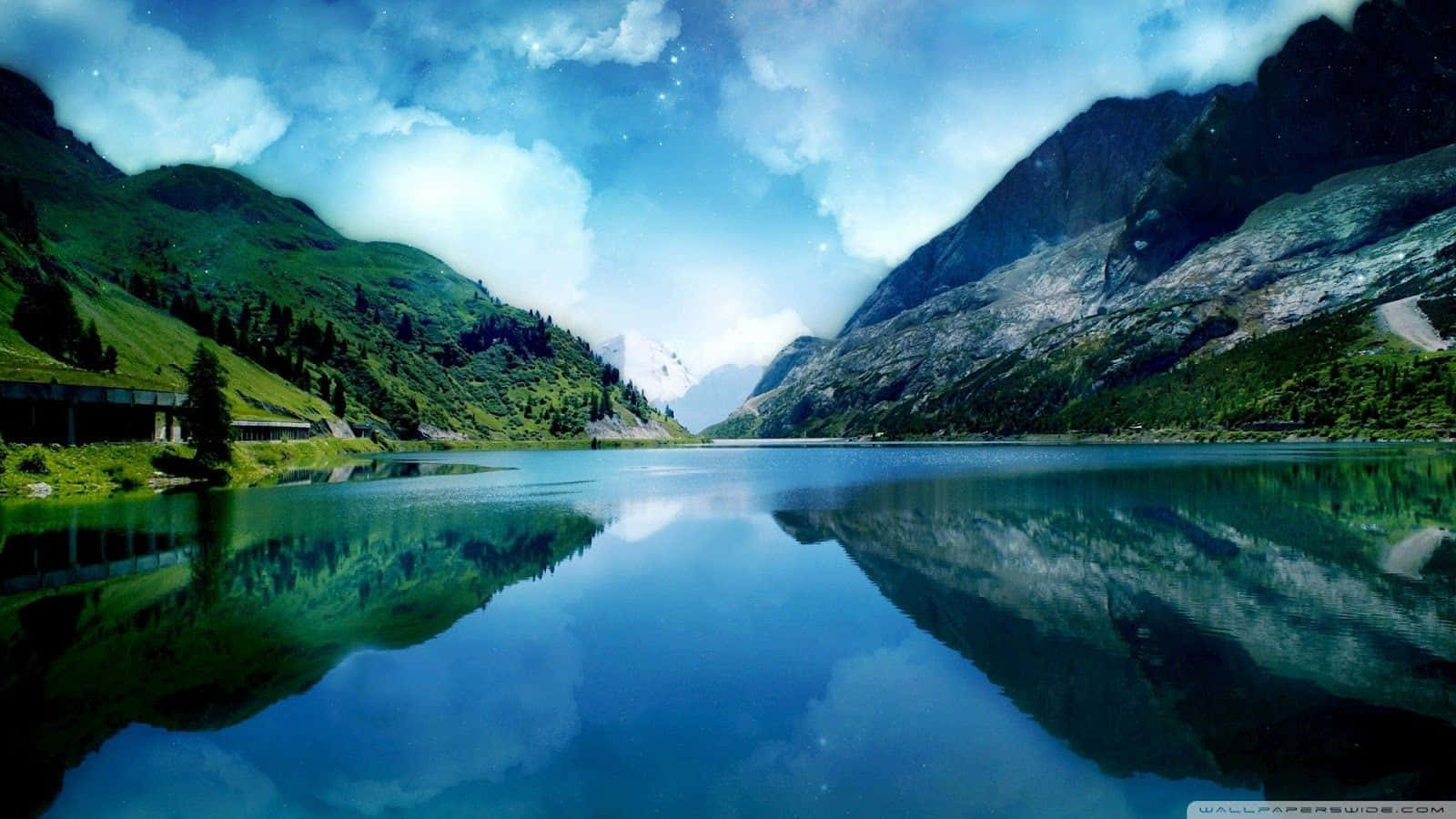 alpine lake, towering green mountains, starry blue sky, HD Desktop Wallpaper