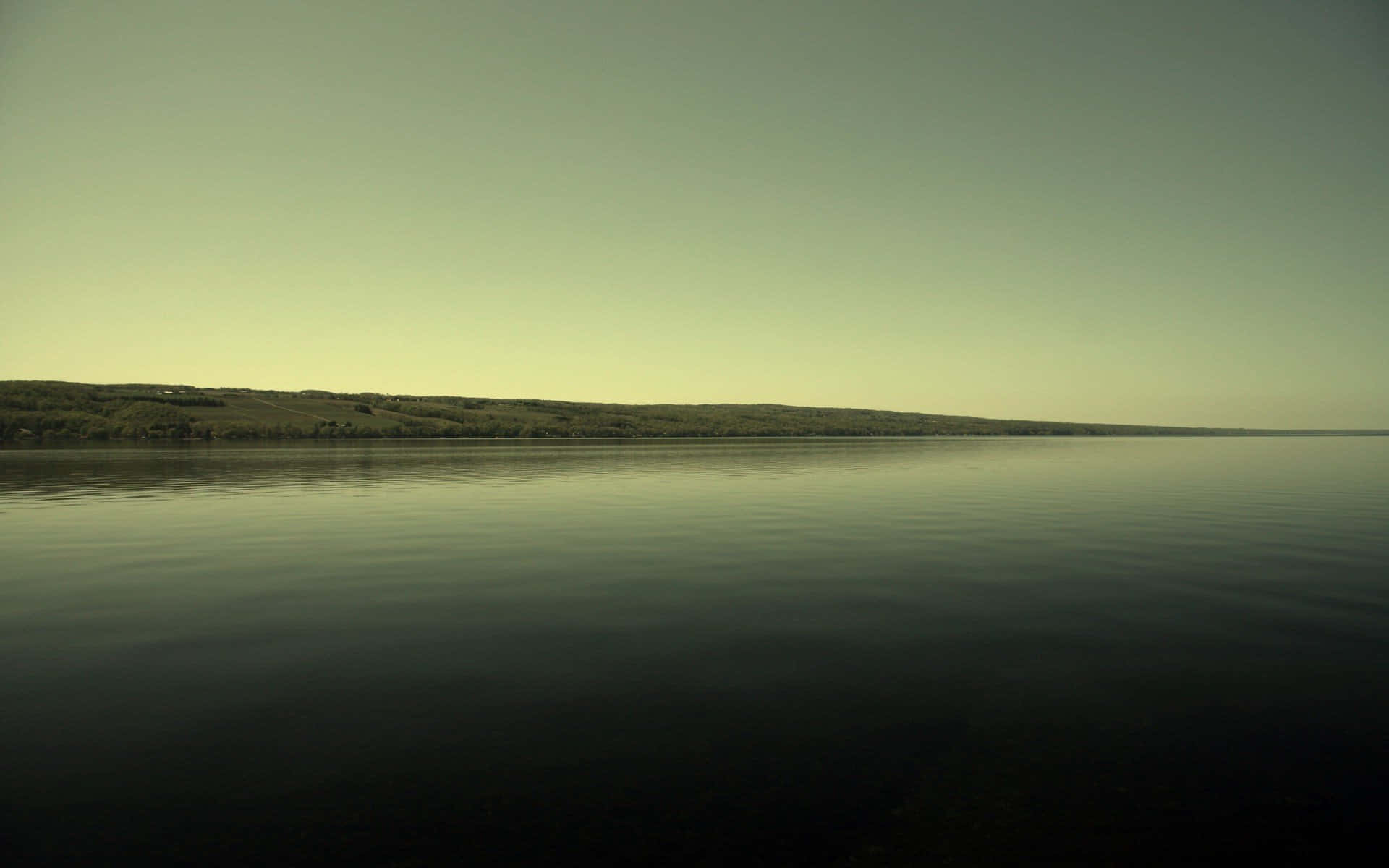 greenish horizon, vast calm lake, muted green sky, Full HD Desktop Wallpaper