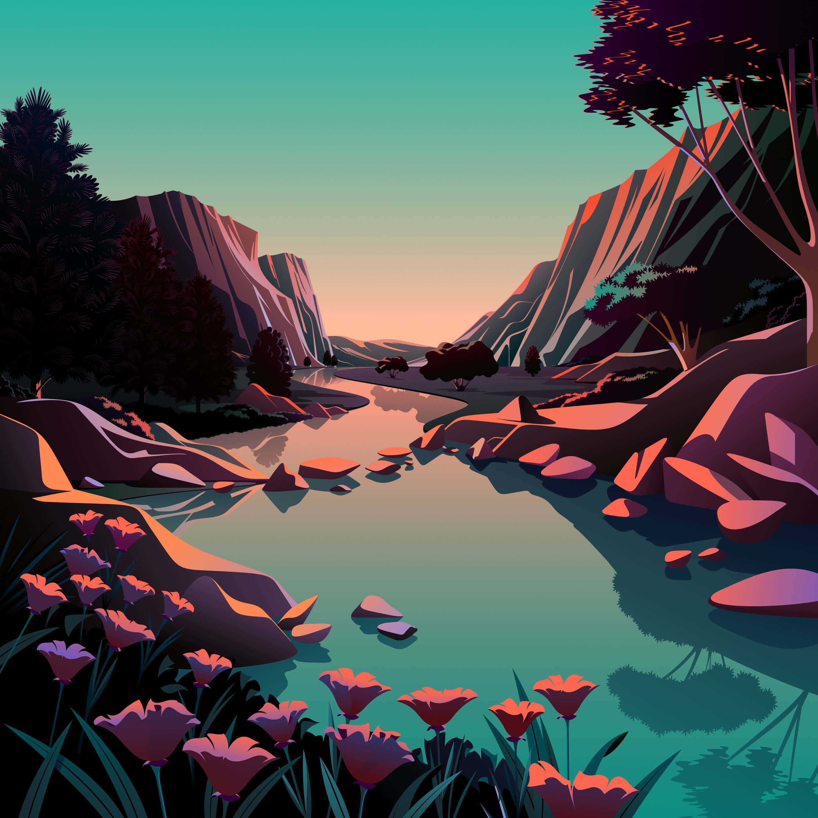 canyon river, glowing pink rocks, purple flowers, 2K Desktop Wallpaper